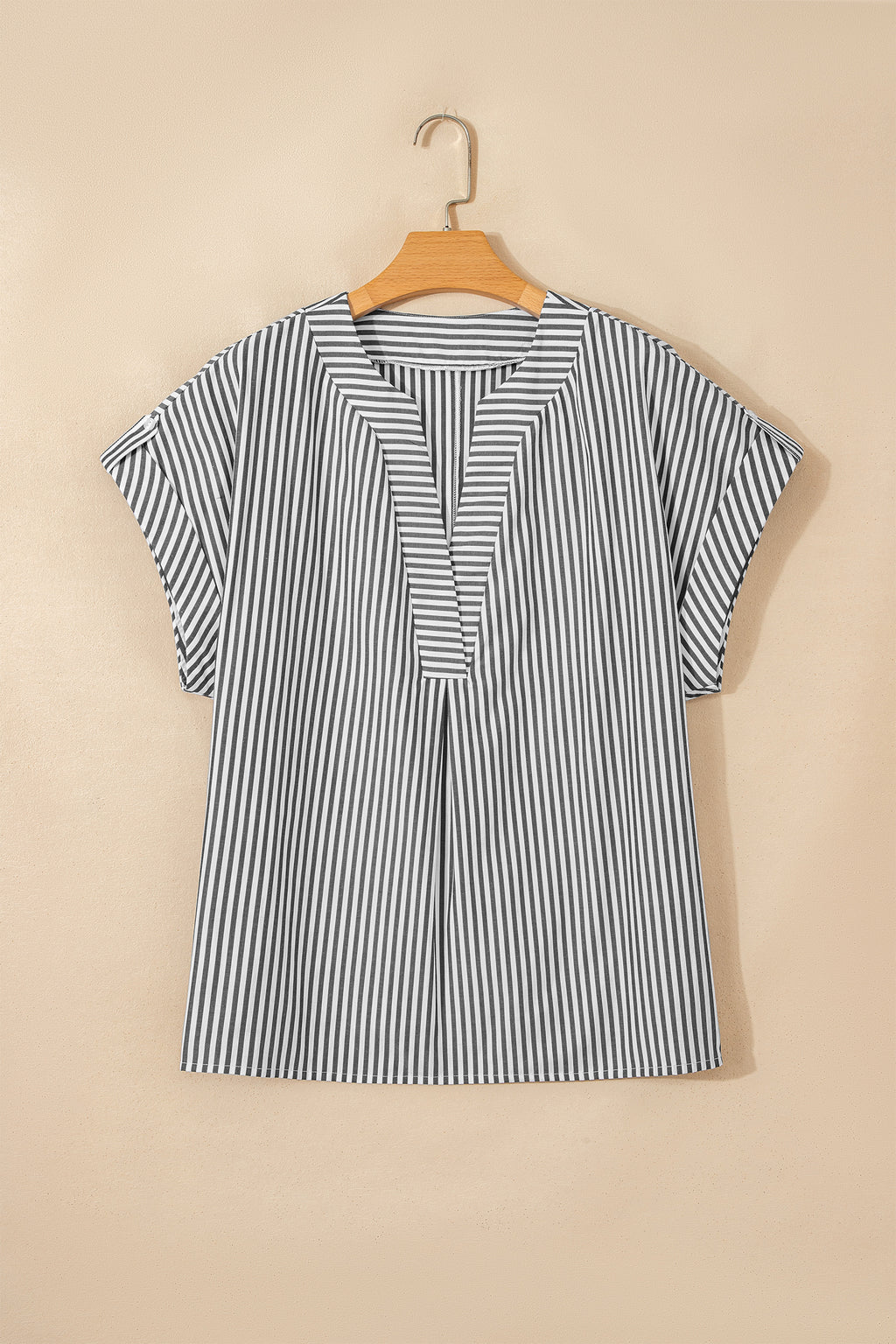Black Stripe Plus Size V Neck Roll-tab Short Dolman Sleeve Blouse 🇺🇸