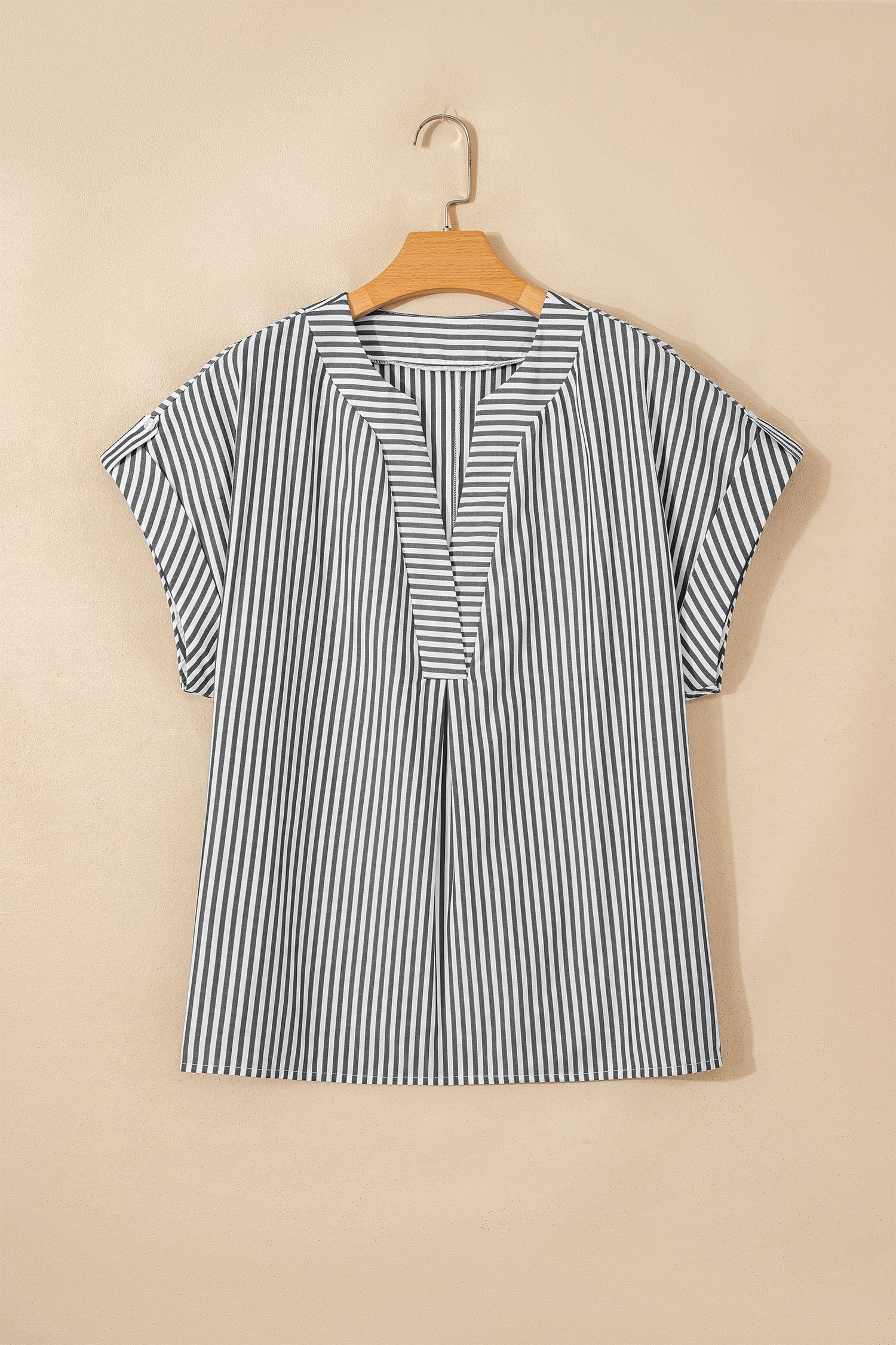 Black Stripe Plus Size V Neck Roll-tab Short Dolman Sleeve Blouse 🇺🇸