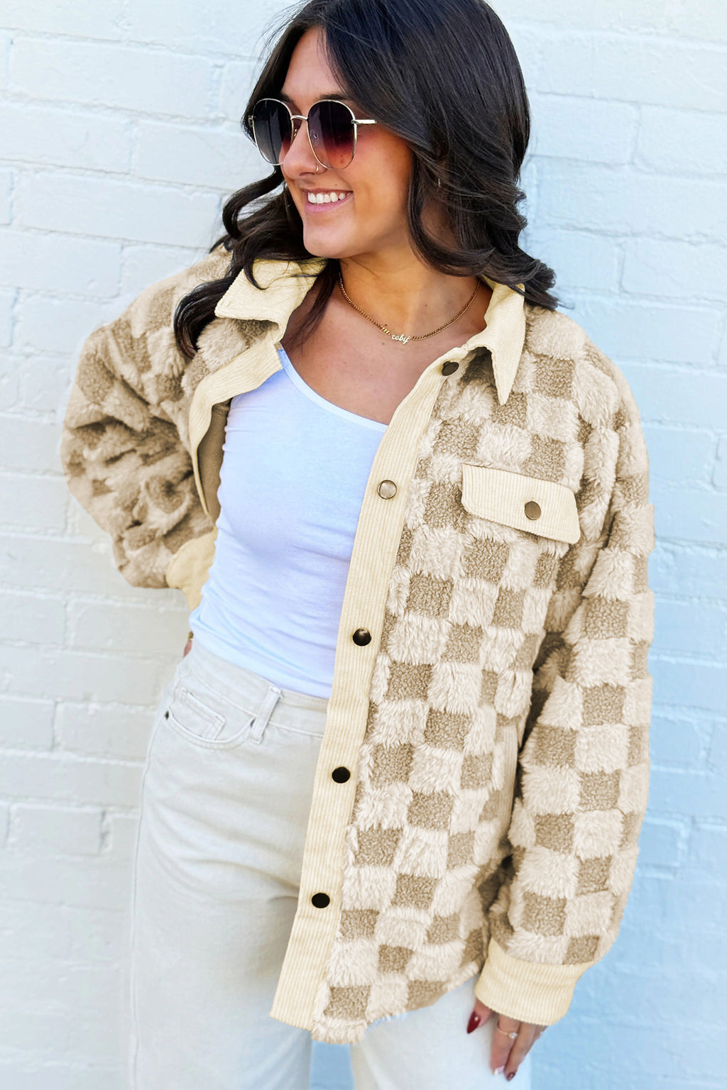 Khaki Plush Checkered Corduroy Trim Metal Button Long Sleeve Shift Silhouette Shacket 🇺🇸