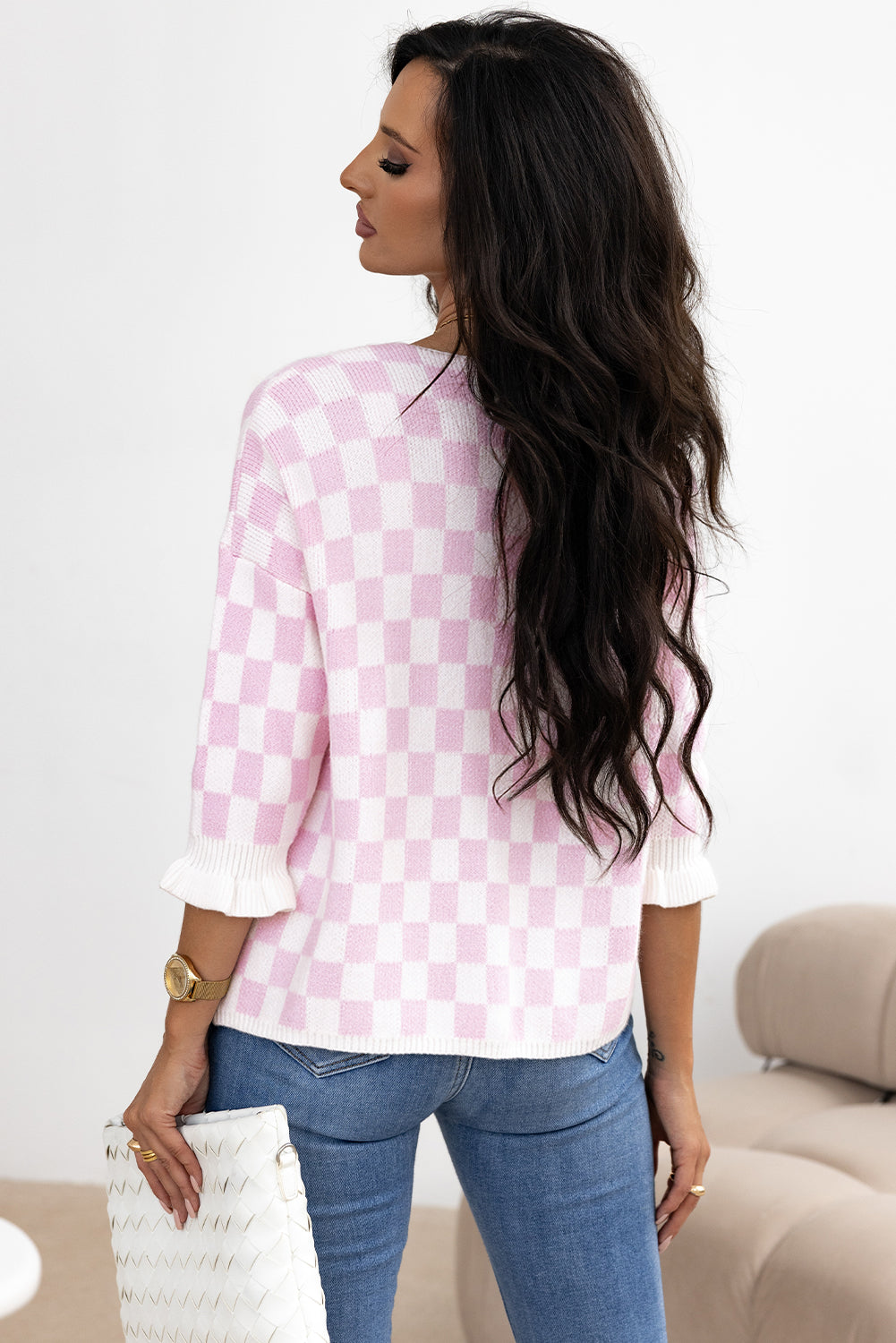 Light Pink Checkered Knitted Lace-up Ruffled 3/4 Sleeve Cardigan 🇺🇸