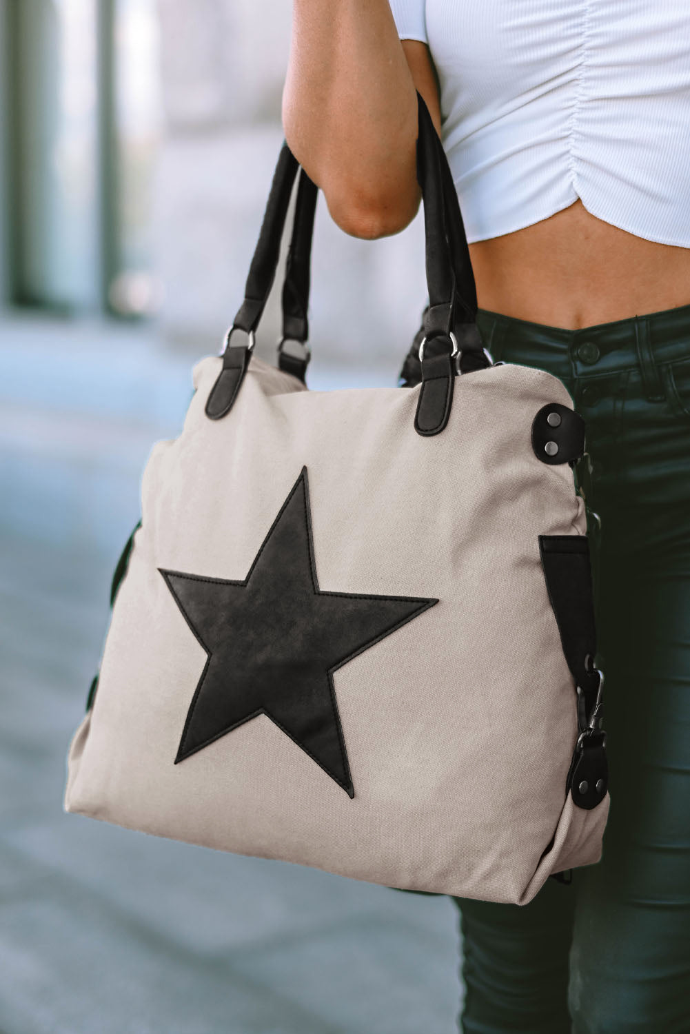 Beige Casual Five-pointed Star Canvas Tote Bag 🇨🇳