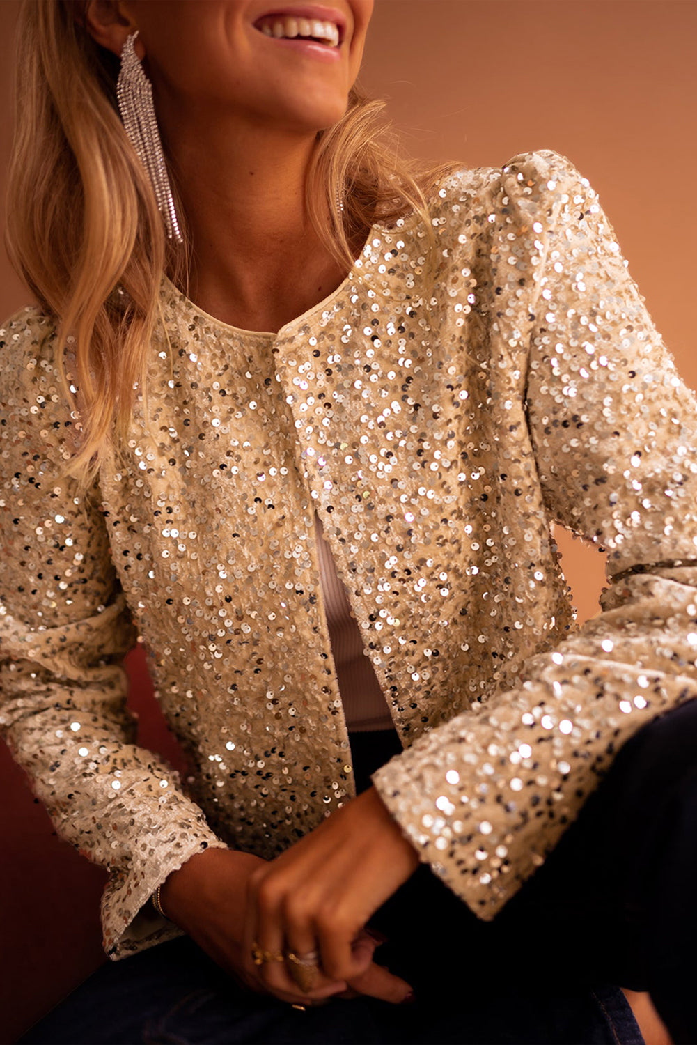 Golden Fleece Sequined Open Front Cropped Jacket 🇺🇸