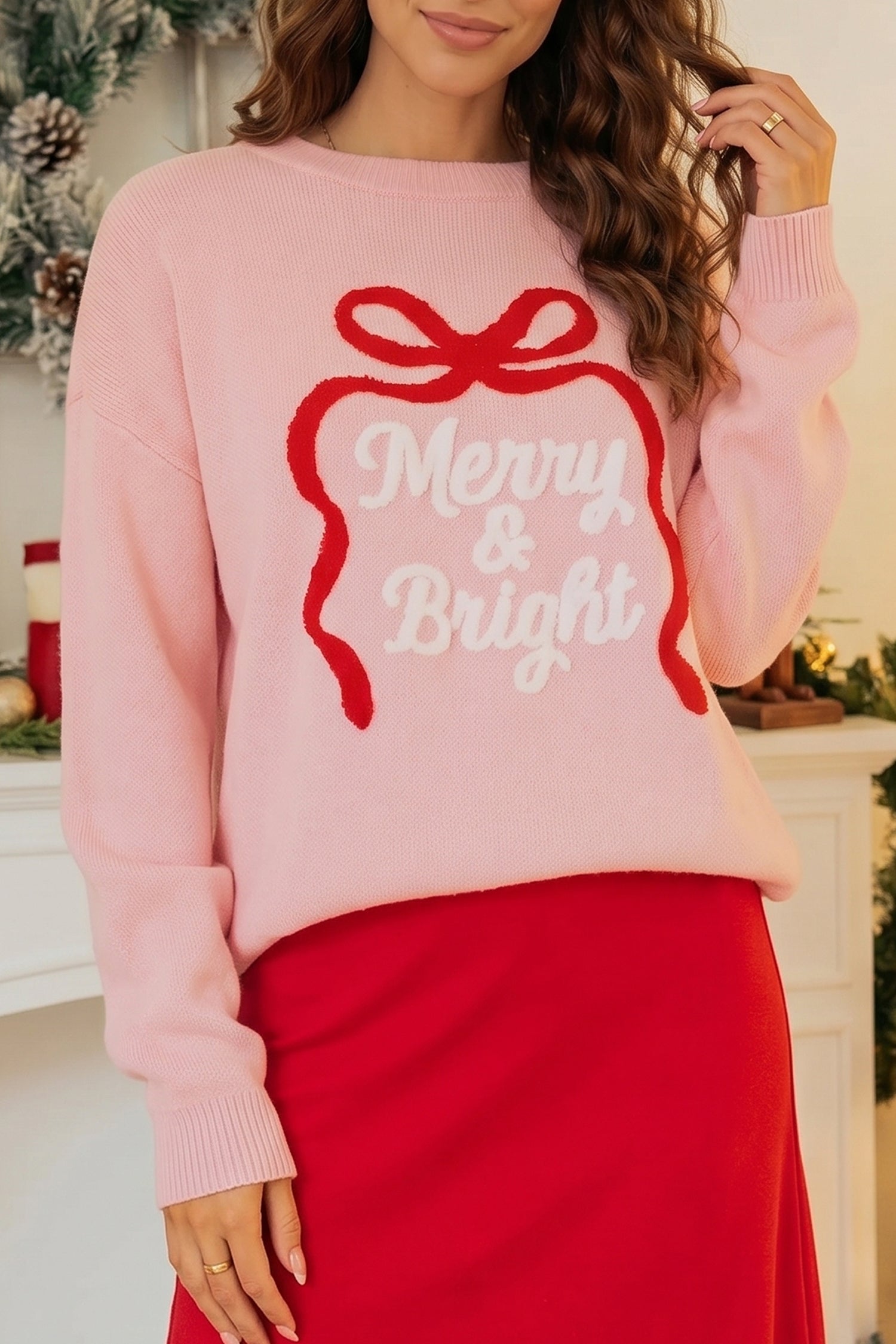Gossamer Pink Drop Shoulder Round Neck Towel Embroidery Slogan Pullover Sweater 🇺🇸