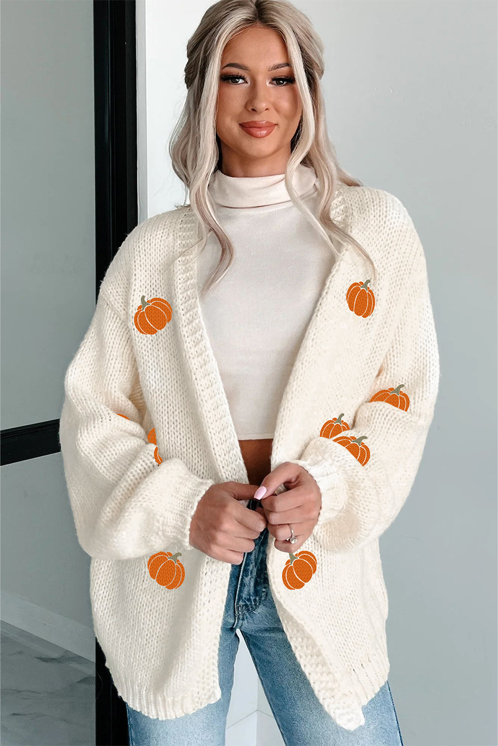 White Pumpkin Print Open Front Drop Shoulder Midi Cardigan 🇺🇸