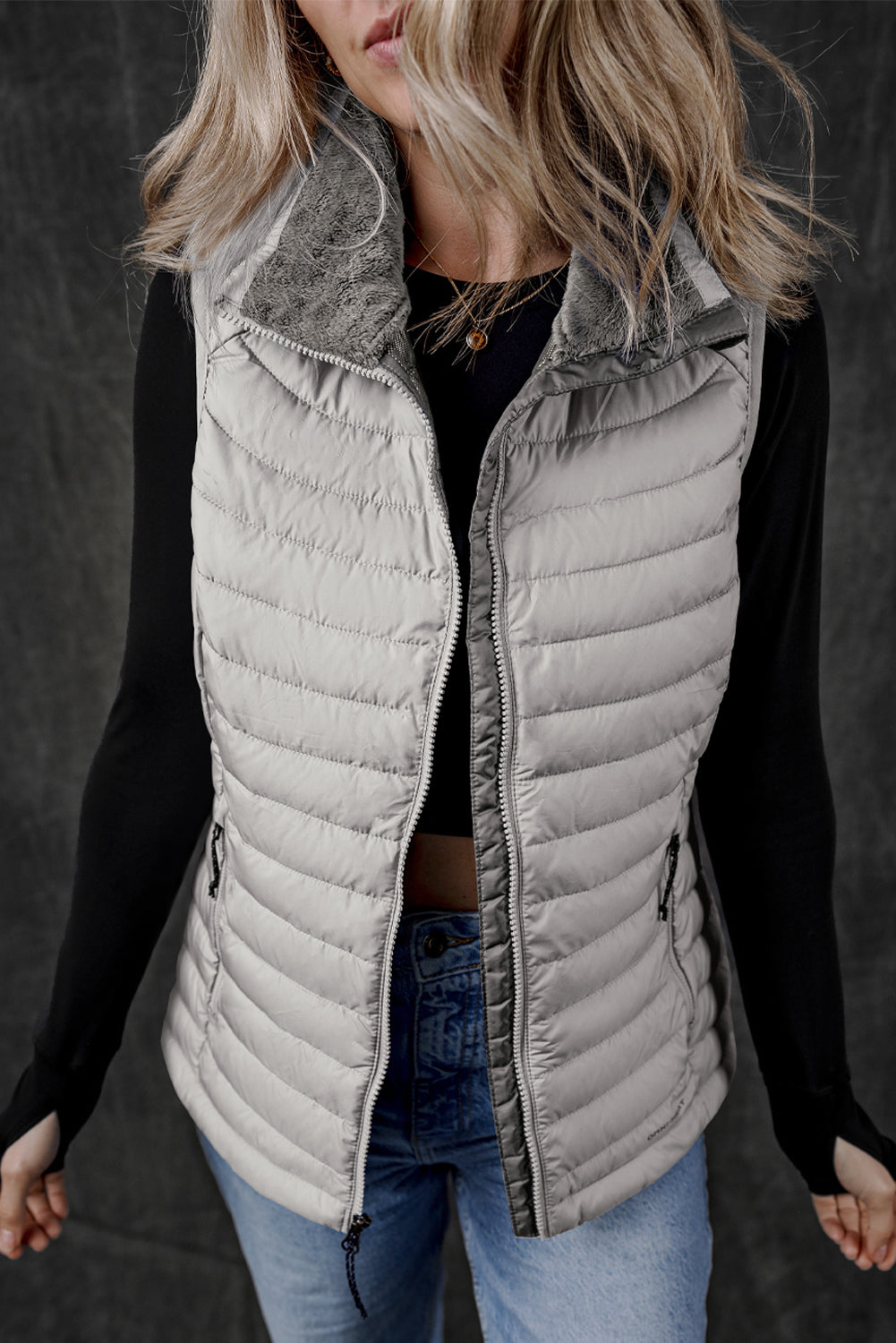 Silvery Plush Collared Quilted Zipped Puffer Vest 🇺🇸