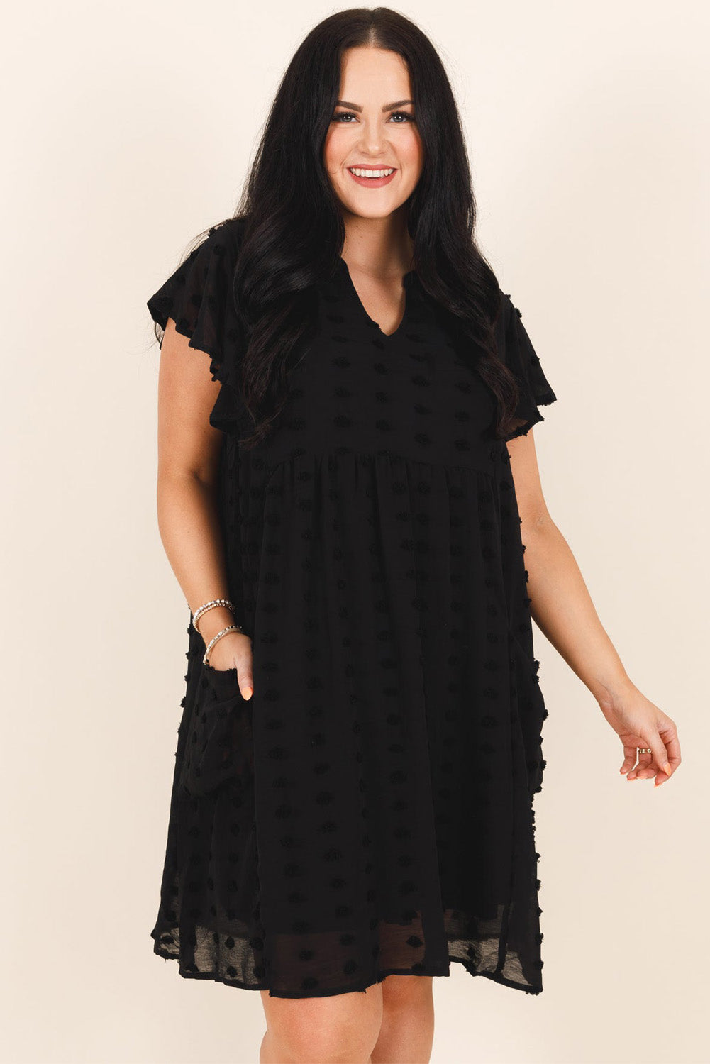 Black Dotty Textured Notched Neck Plus Ruffled Dress 🇺🇲