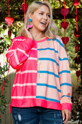 Rose Stripe Color Block Crewneck Long Sleeve Plus Size T Shirt 🇺🇸