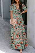 Green Fiery Floral Print Frilled V Neck Short Sleeve Maxi Dress 🇺🇸