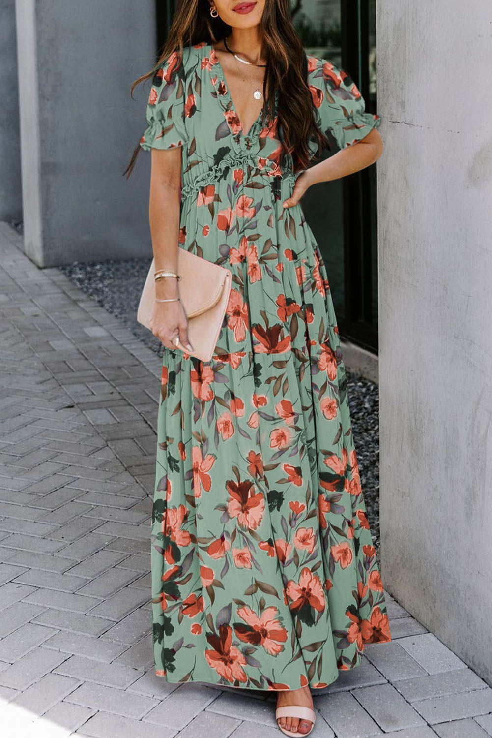 Green Fiery Floral Print Frilled V Neck Short Sleeve Maxi Dress 🇺🇸