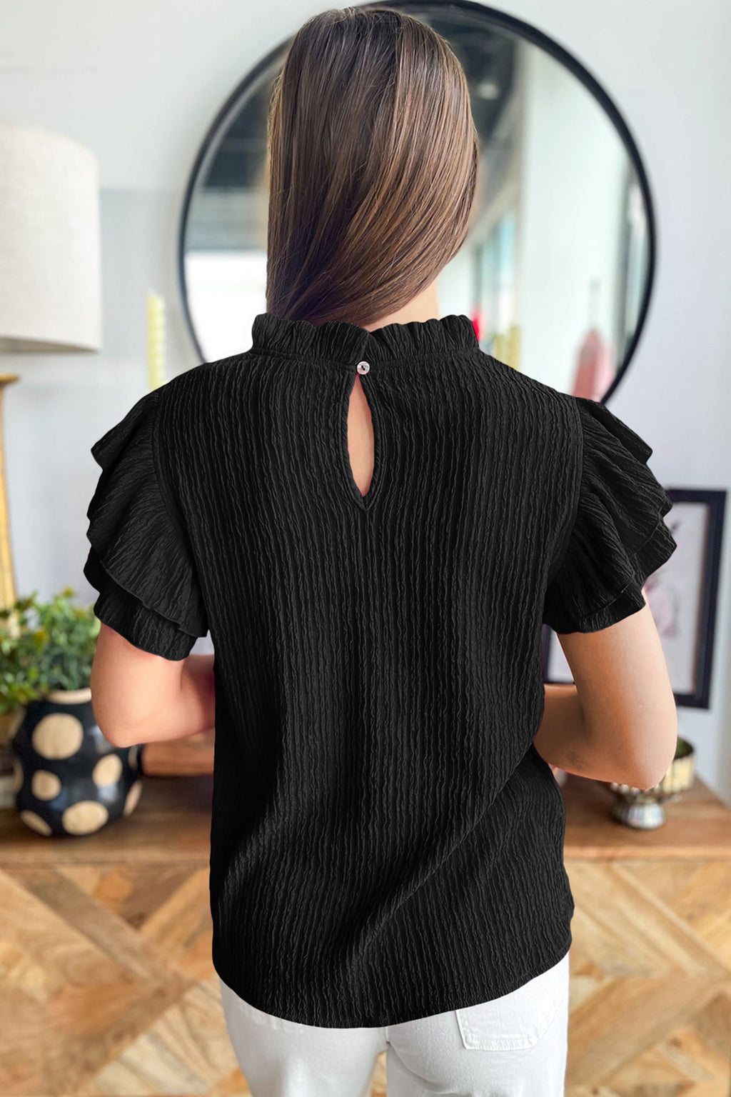 White Solid Color Textured Ruffle Trim Short Sleeve Blouse 🇺🇸