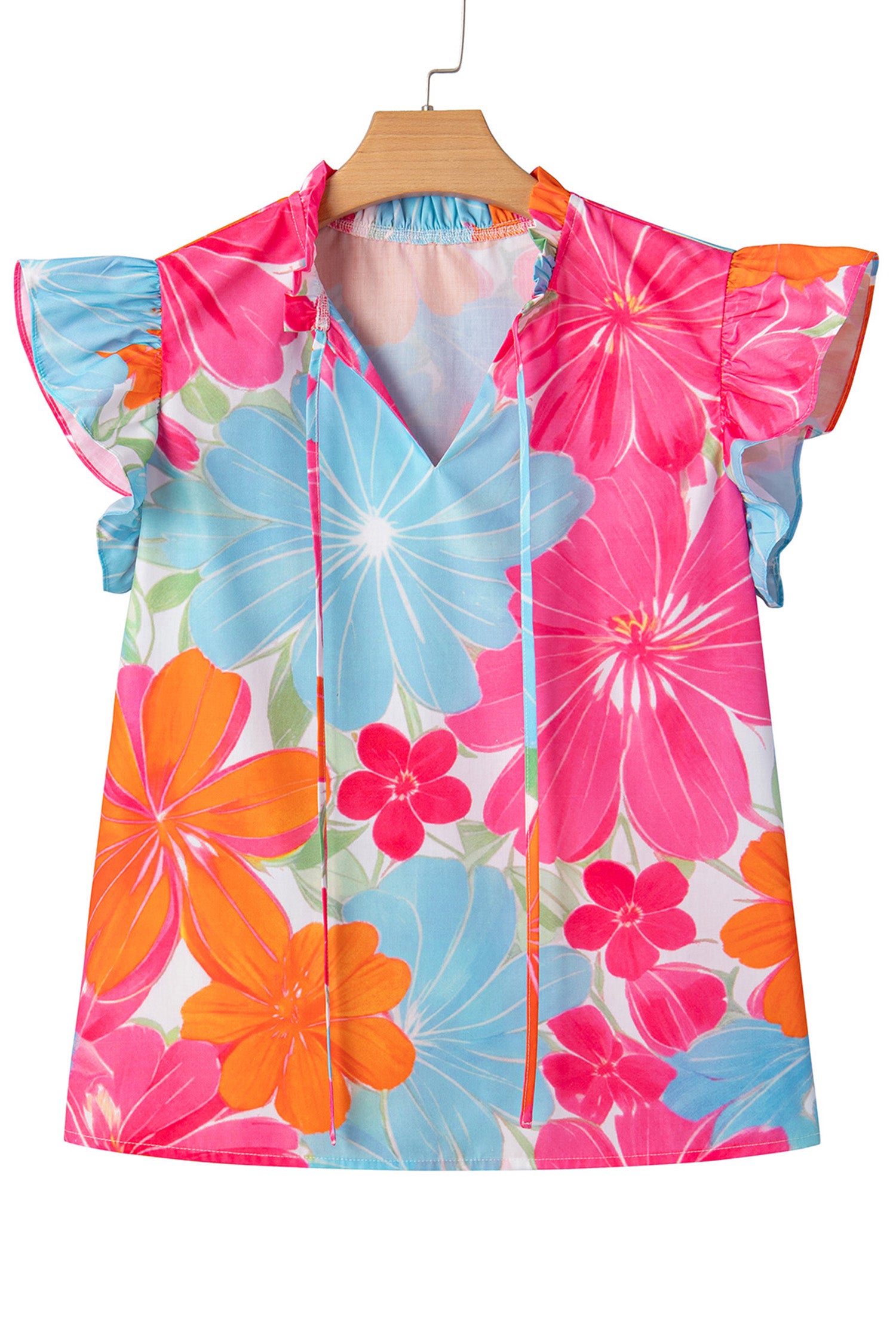 Multicolour Vibrant Flower Printed Tie V Neck Ruffle Trim Sleeveless Blouse 🇺🇸