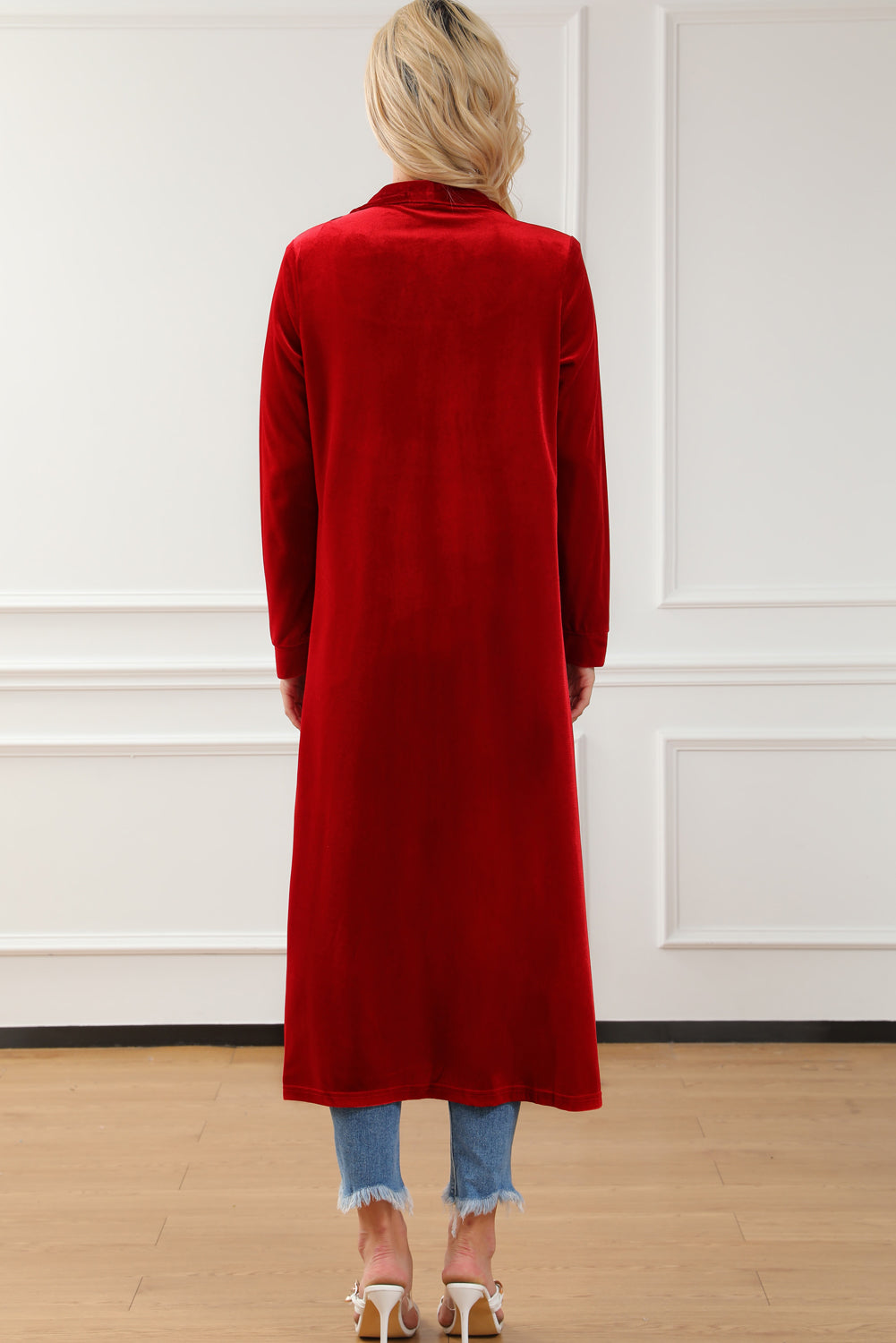 Fiery Red Velvet Open Front Pocketed Long Duster 🇨🇳