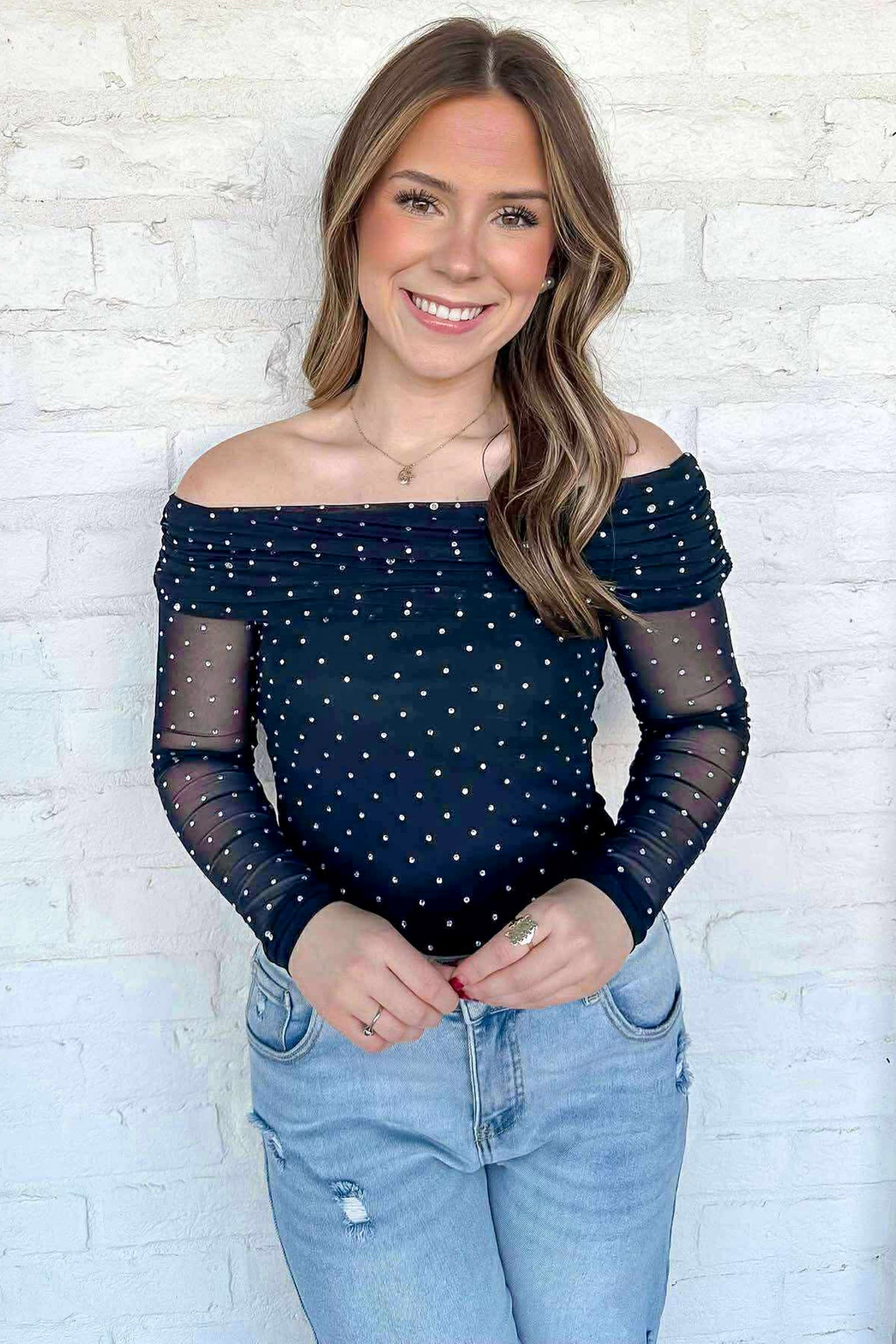 Blue Off Shoulder Polka Dot Mesh Long Sleeve Sheath Top 🇺🇸