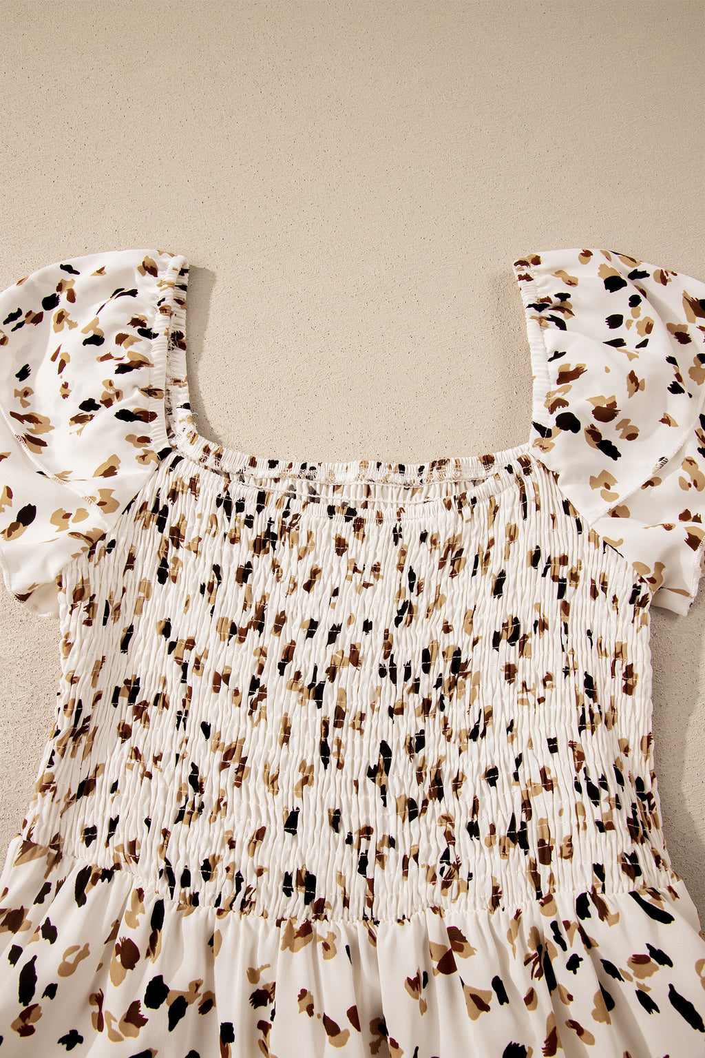 Beige Ditsy Floral Print Smocked Square Neck Ruffle Short Sleeve Dress 🇺🇸
