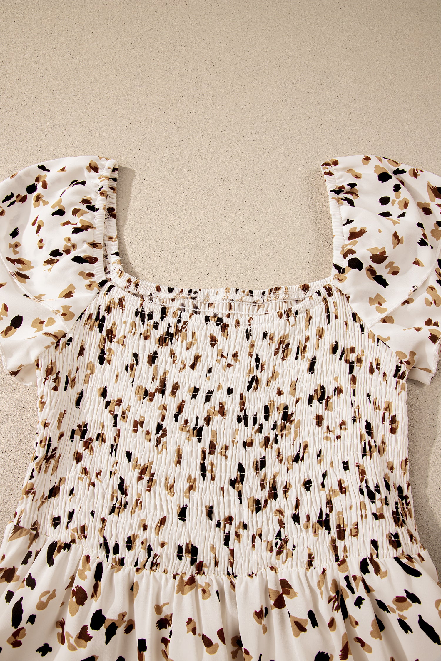Beige Ditsy Floral Print Smocked Square Neck Ruffle Short Sleeve Dress 🇺🇸