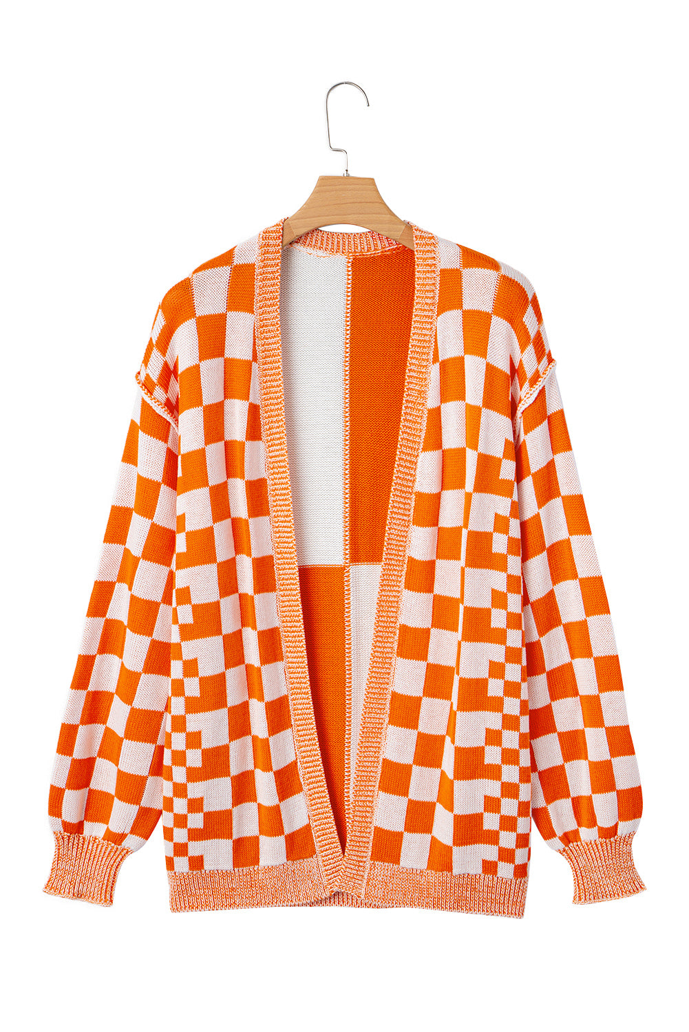 Orange Checkered Open Front Drop Shoulder Cardigan 🇺🇸