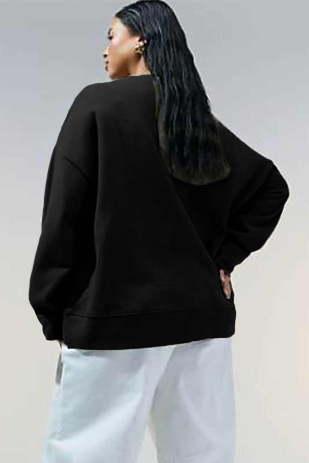 Black Solid Button Placket Crew Neck Plus Size Sweatshirt 🇺🇸