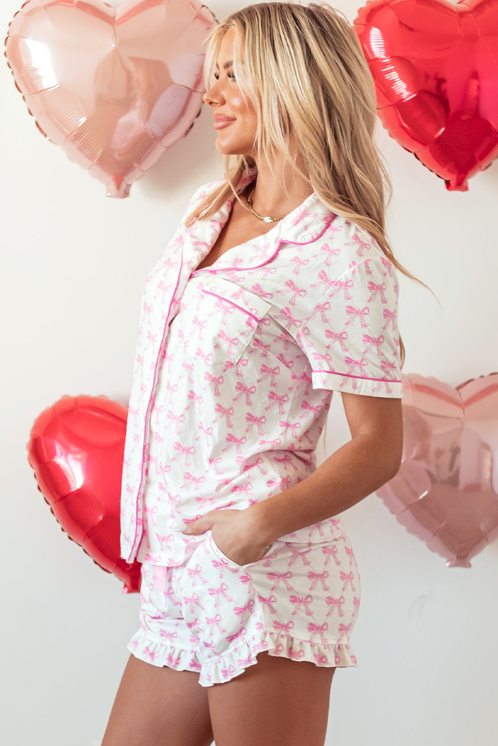 Pink Bowknot Printed Short Sleeve and Ruffled Shorts Pajama Set 🇨🇳