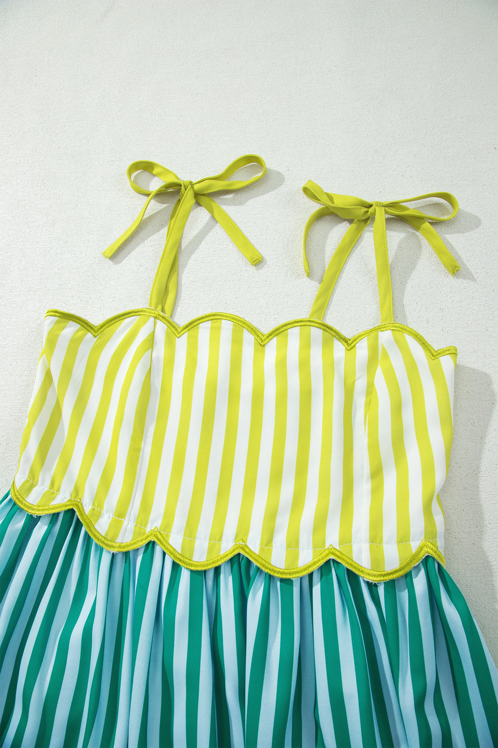 Green Stripe Scalloped Contrast Patchwork Knot Strap Midi Dress 🇺🇸
