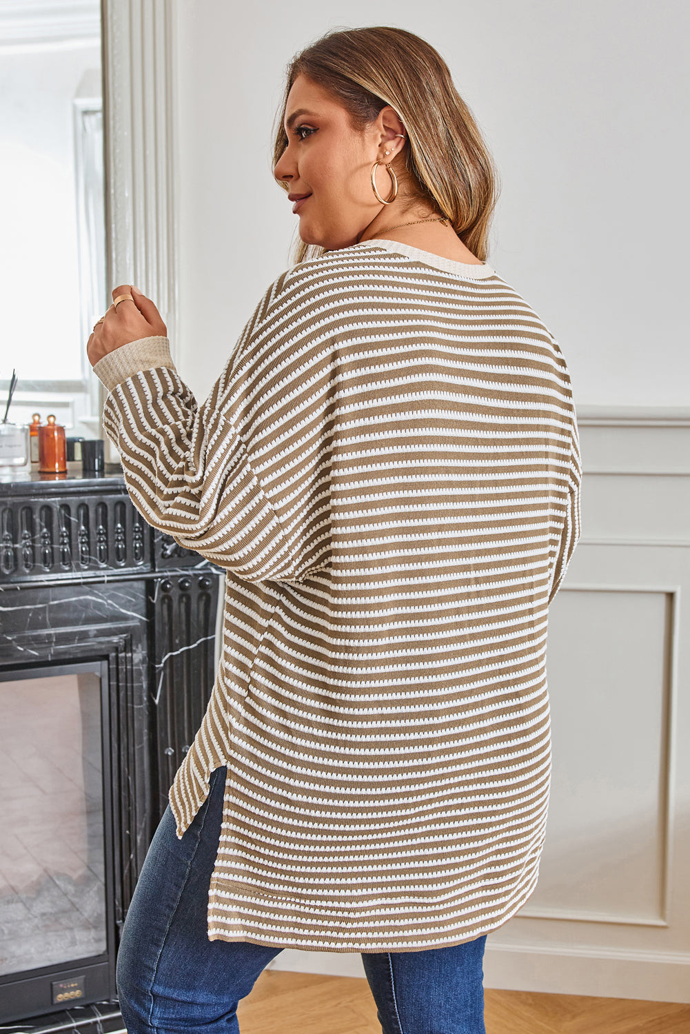 Khaki Stripe Textured Dolman Sleeve High Low Plus Size Top 🇺🇸