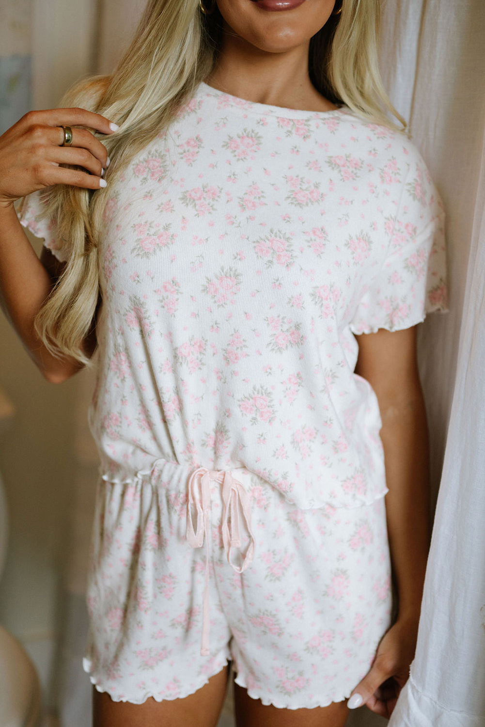 Pink Floral Lettuce Trim Tee and Shorts Ribbed Lounge Set 🇨🇳