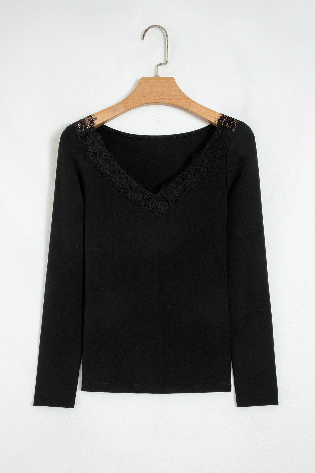 Black Lace Trim Elegant Neckline Long Sleeve Slim Top 🇺🇸