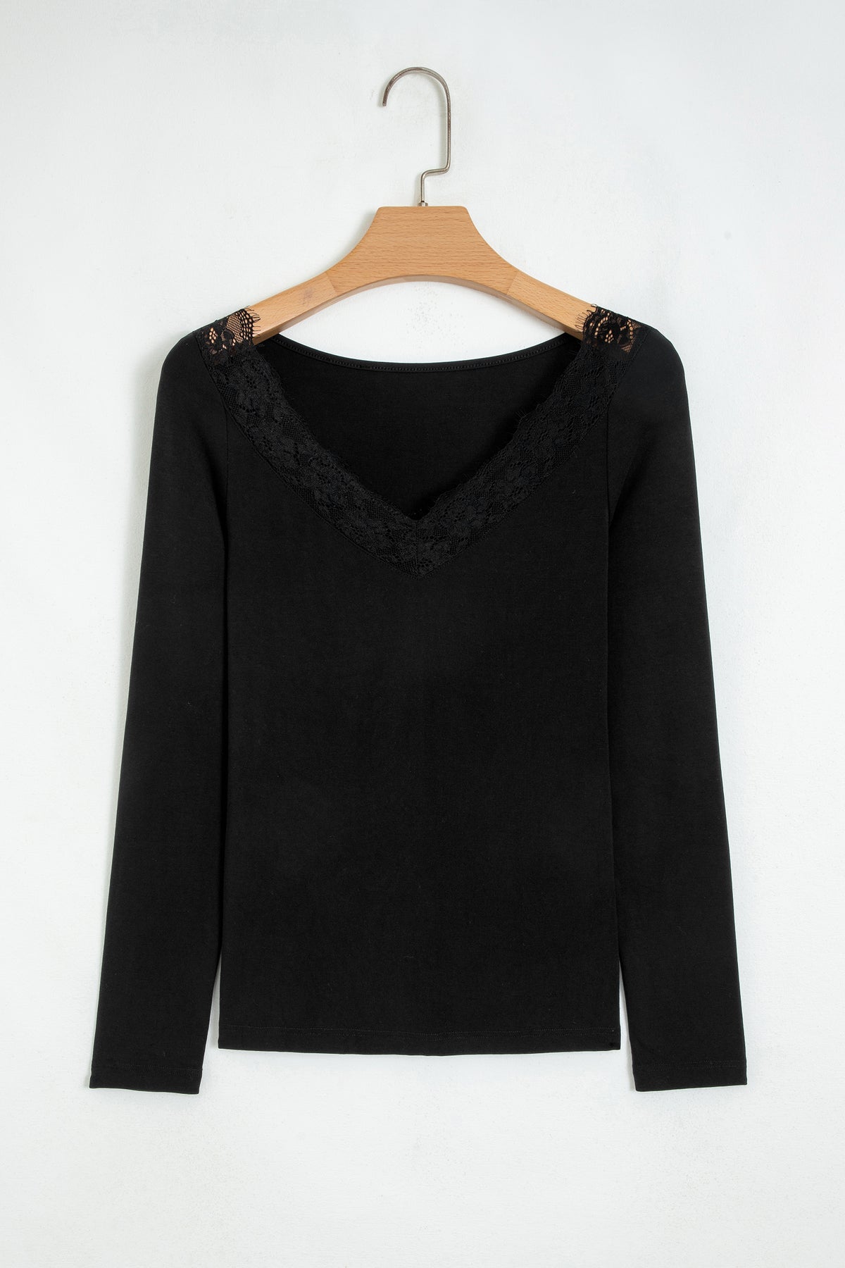 Black Lace Trim Elegant Neckline Long Sleeve Slim Top 🇺🇸