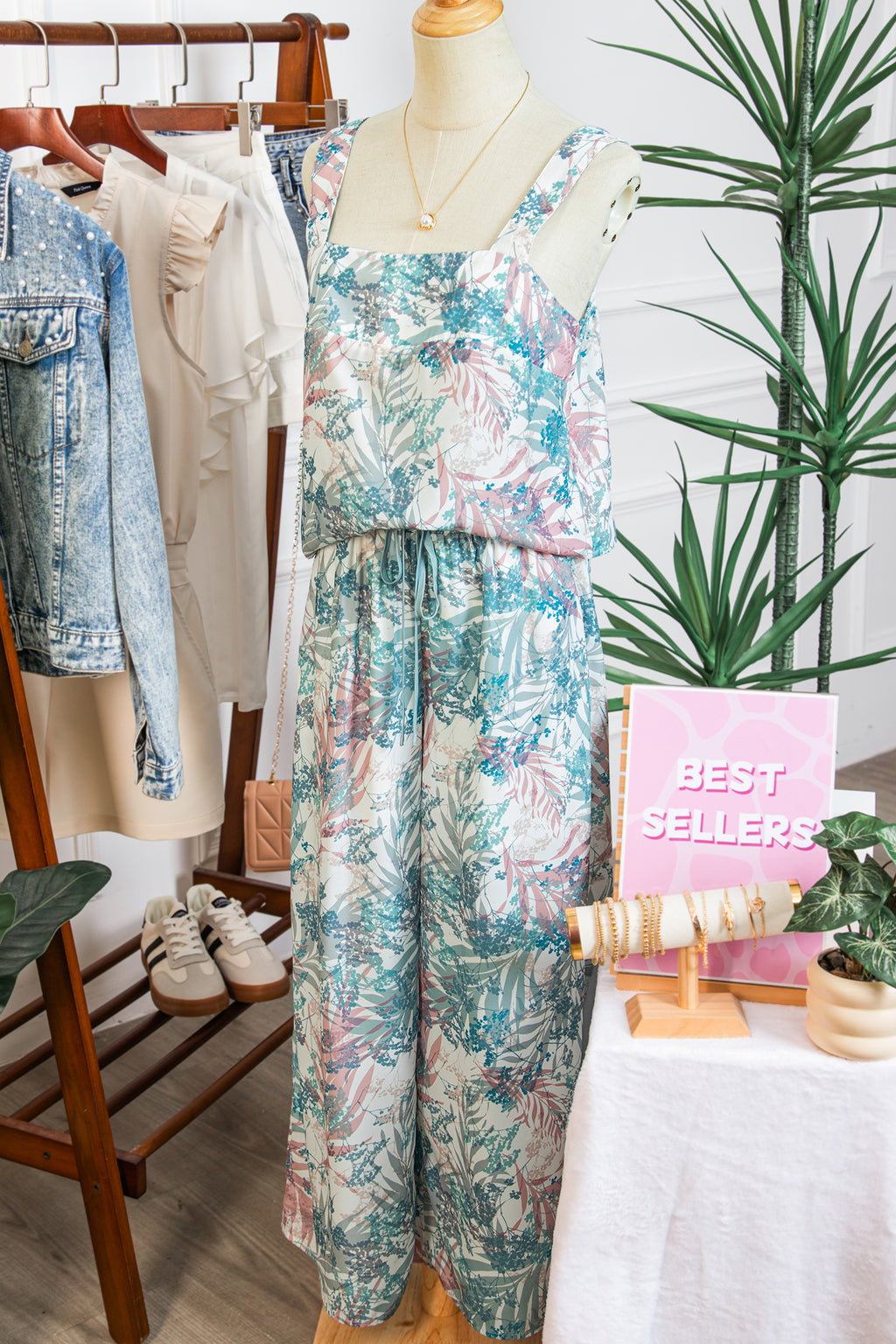 Green Tropical Palm Printed Cropped Tank Drawstring Wide Leg Pant Set 🇺🇸