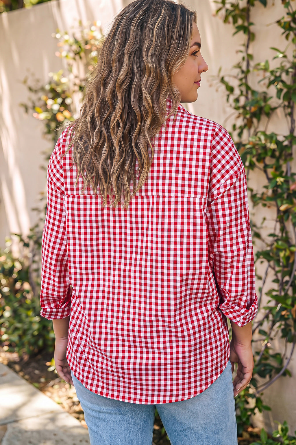 Red Plaid V Neck Long Sleeve Tunic Loose Fit Plus Size Shirt 🇺🇸