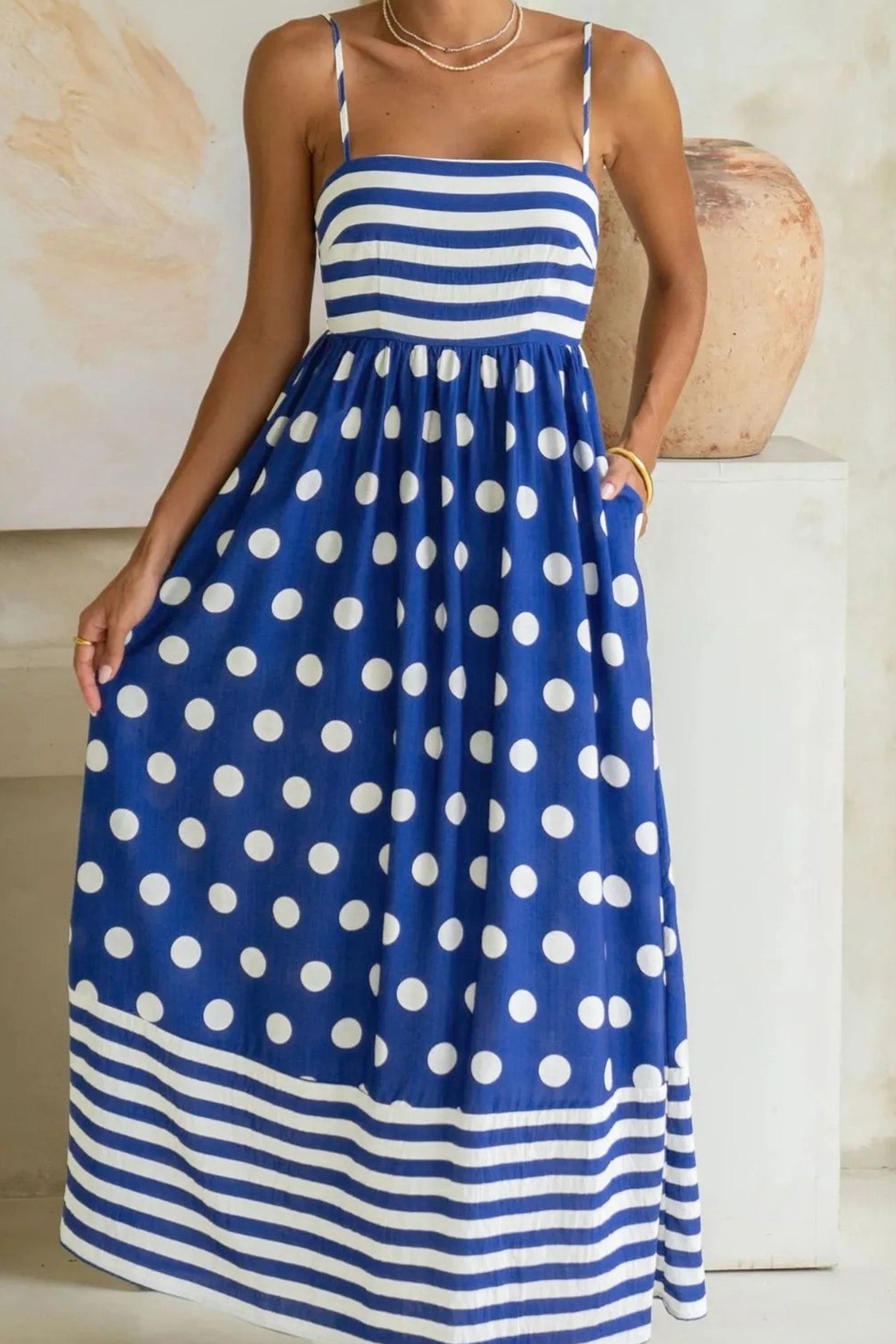 Blue Striped Polka Dot Patchwork High Waist Spaghetti Straps Maxi Dress 🇺🇸
