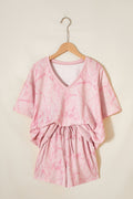 Pink Abstract Print V Neck Loose Tee Drawstring Shorts 2pcs Outfit 🇺🇸