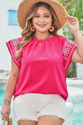Strawberry Pink Floral Embroidered Flutter Sleeve Pleated O Neck Plus Size Blouse 🇨🇳