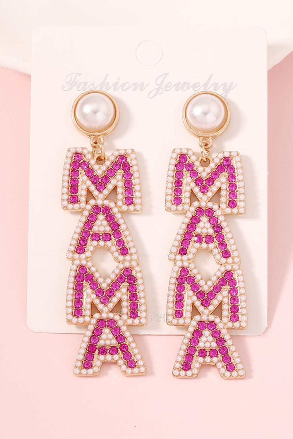 Rose Red MAMA Rhinestone Pearl Dangle Stud Earrings 🇨🇳