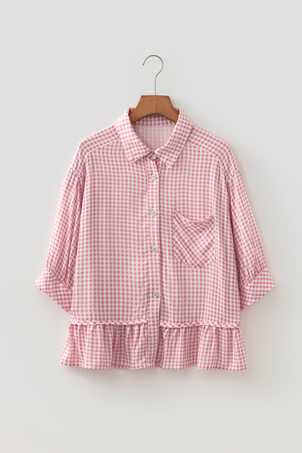 Pink Plaid Half Sleeve Ruffle Hem Button Down Shirt 🇺🇸