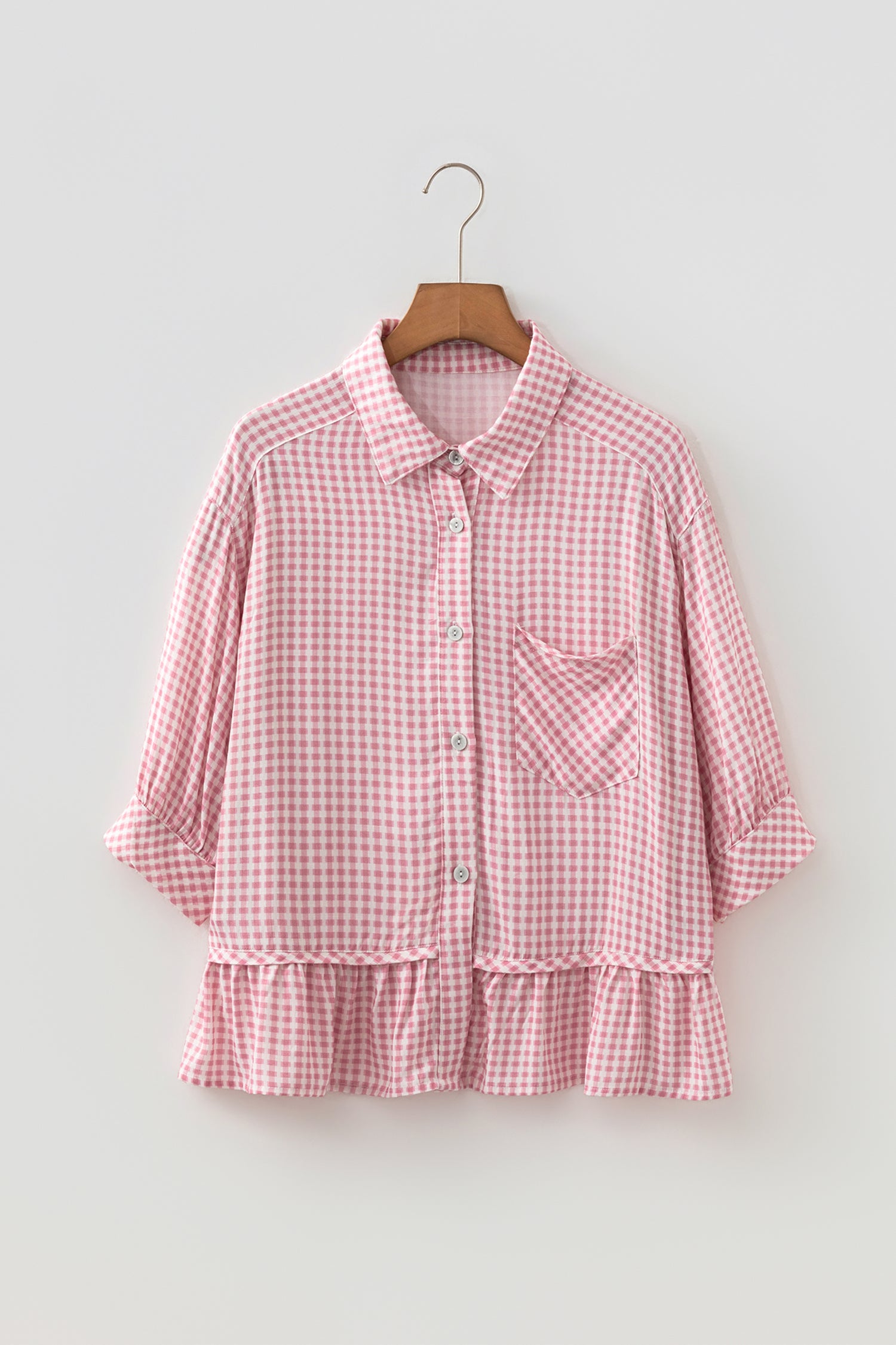 Pink Plaid Half Sleeve Ruffle Hem Button Down Shirt 🇺🇸