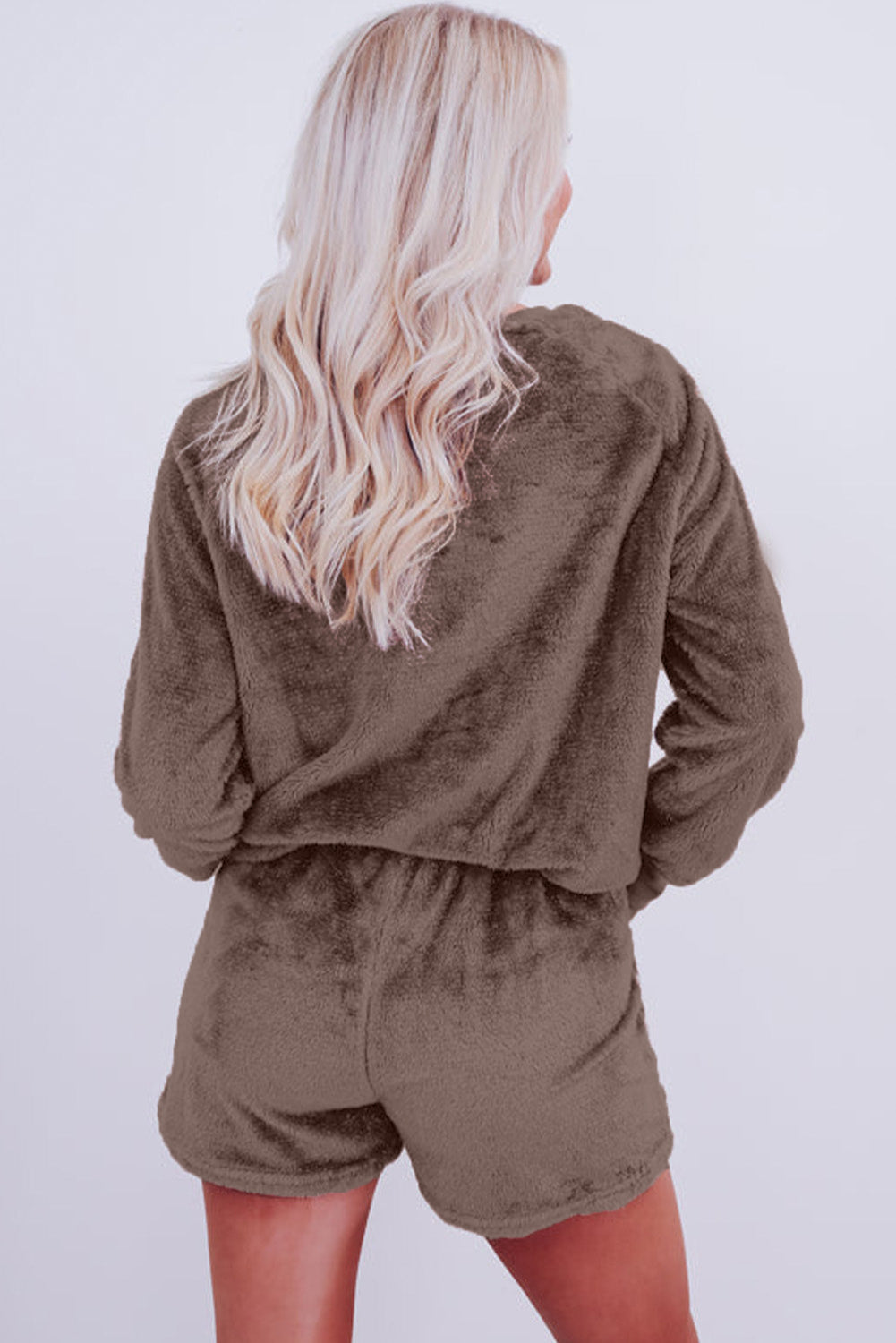 Coffee Solid Loose Fit Two Piece Fleece Lounge Set 🇨🇳