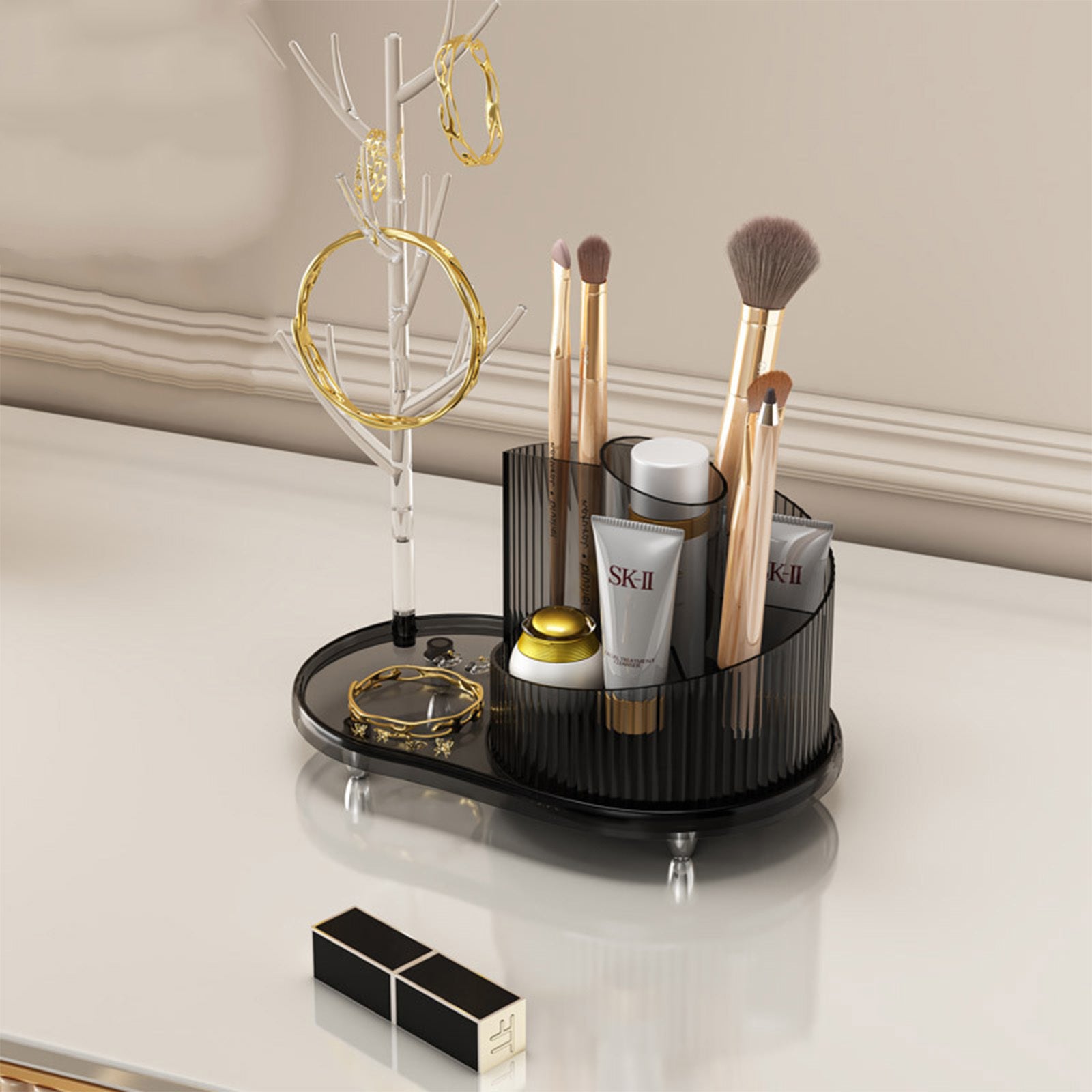Rotating Makeup Organizer With Jewelry Storage  Large Capacity Cosmetic Display Case Holds 20 Brushes, 10 Lipsticks, 8 Skincare Products 360 Spinning Vanity Organizer For Countertop & Bathroom 🇨🇳