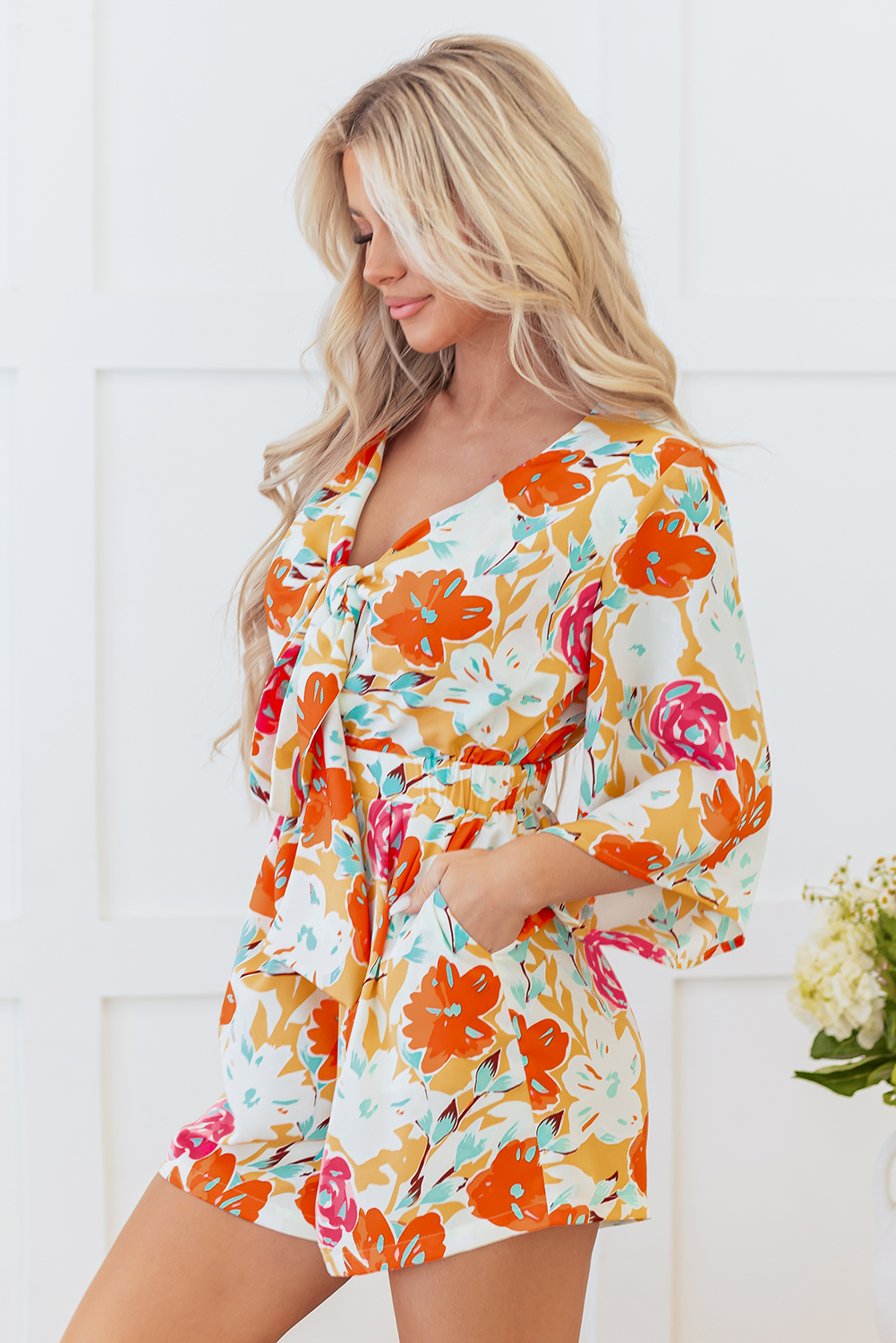 Orange Blooming Floral Print Front Tie Romper 🇺🇸