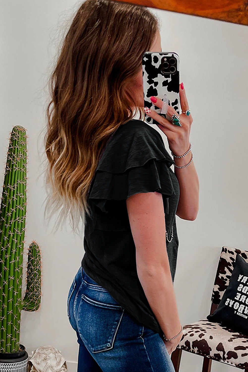 Black Layered Ruffle Short Sleeve Round Neck Top 🇨🇳