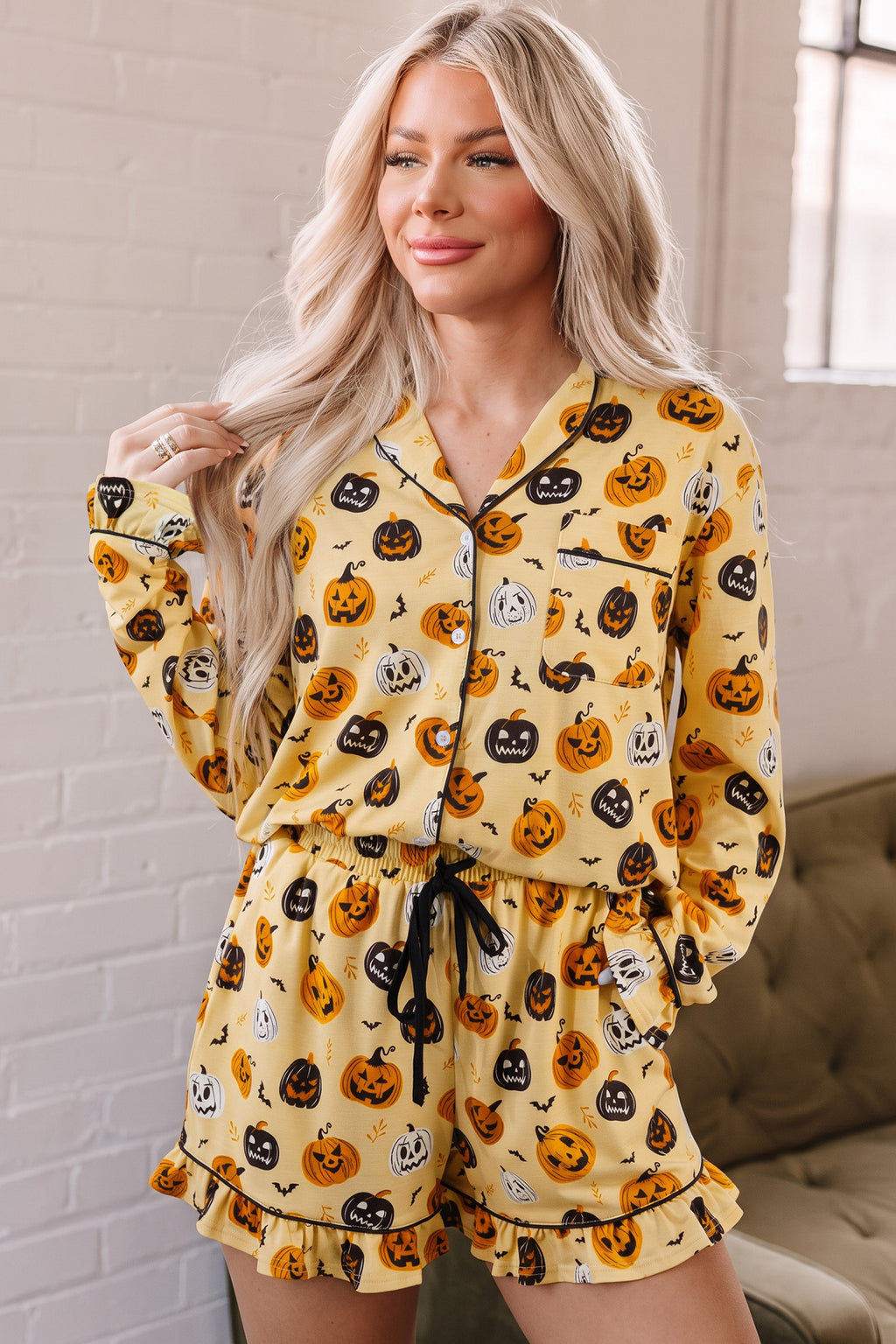 Orange Long Sleeve Ruffle Pumpkin Face Print Two Piece Lounge Set 🇺🇸