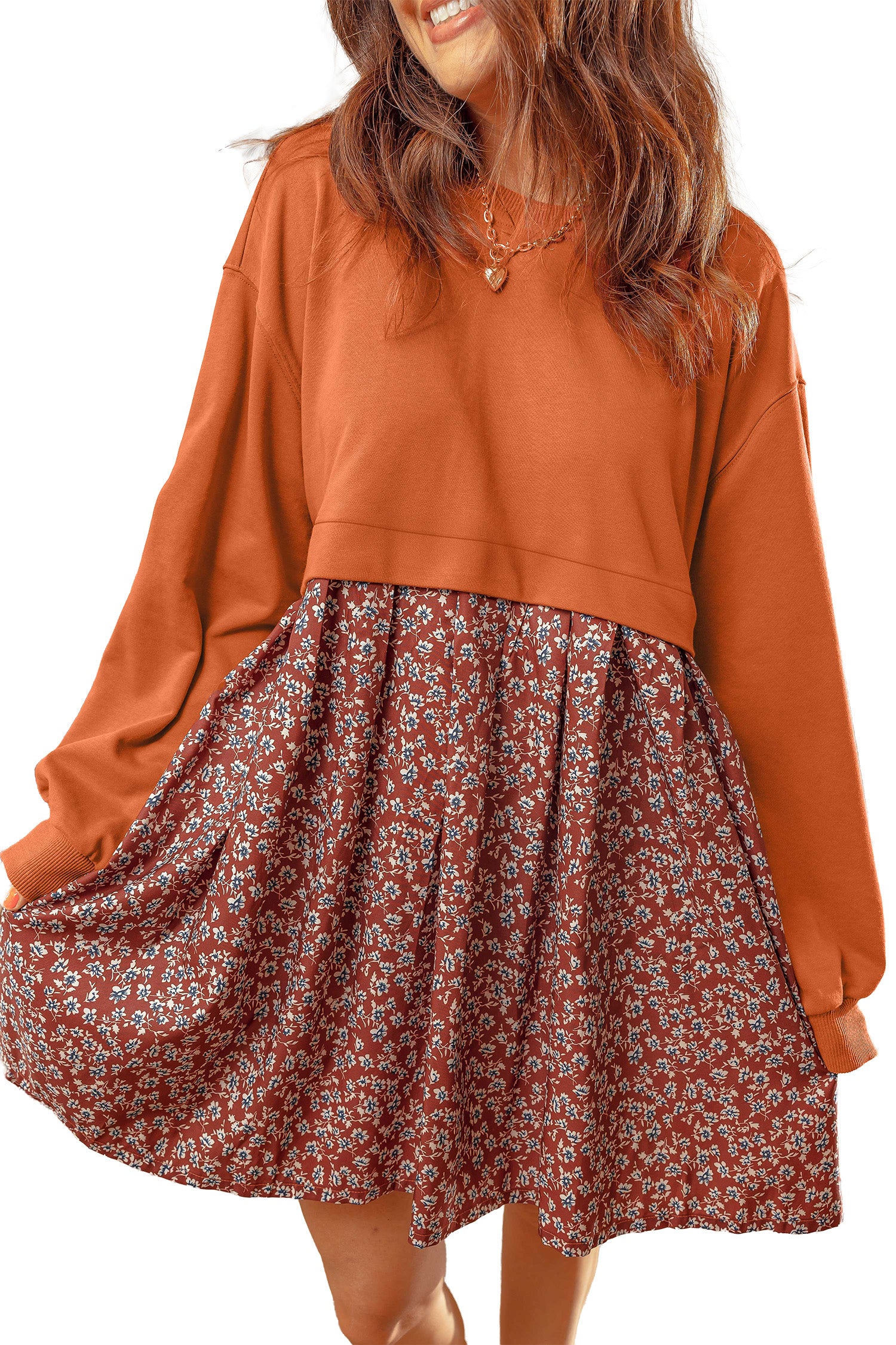Orange Solid Long Sleeve Top Patchwork Floral Flared 2-in-1 Mini Dress 🇺🇸