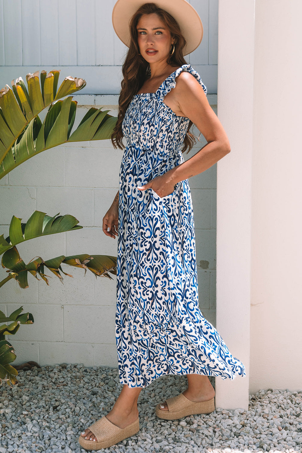 Sky Blue Boho Print Smocked High Waist Maxi Dress 🇺🇸