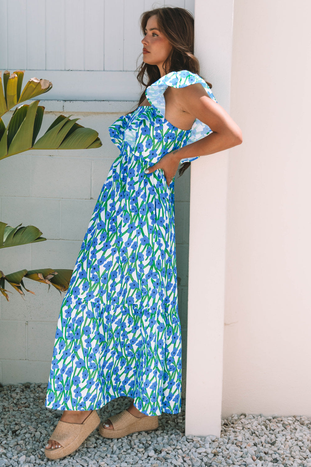 Blue Floral Print Square Neck Ruffled Strap Maxi Dress 🇨🇳