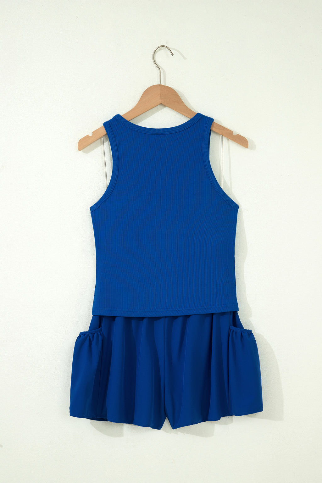 Dark Blue Ribbed Slim Tank Pocketed Wide Leg Shorts Set 🇺🇸