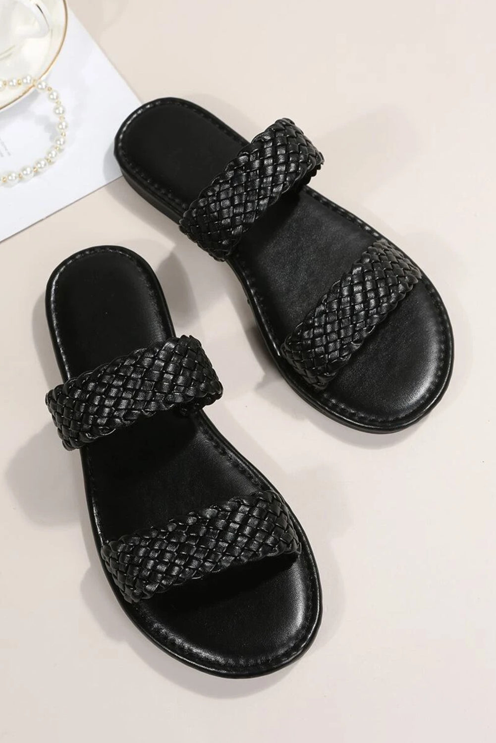 Black Braided Double Band Leathered Flat Slippers 🇨🇳