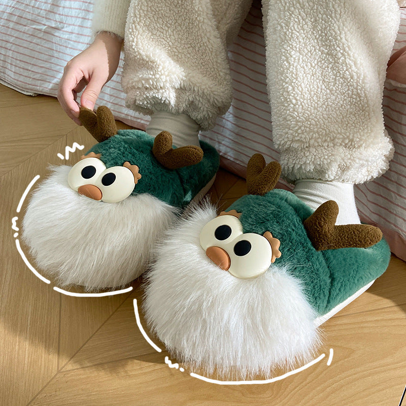 Cute Cartoon Christmas Deer Cotton Shoes Winter Indoor Floor Home Slippers Half-covered Heel Warm Plush Shoes Women 🇨🇳