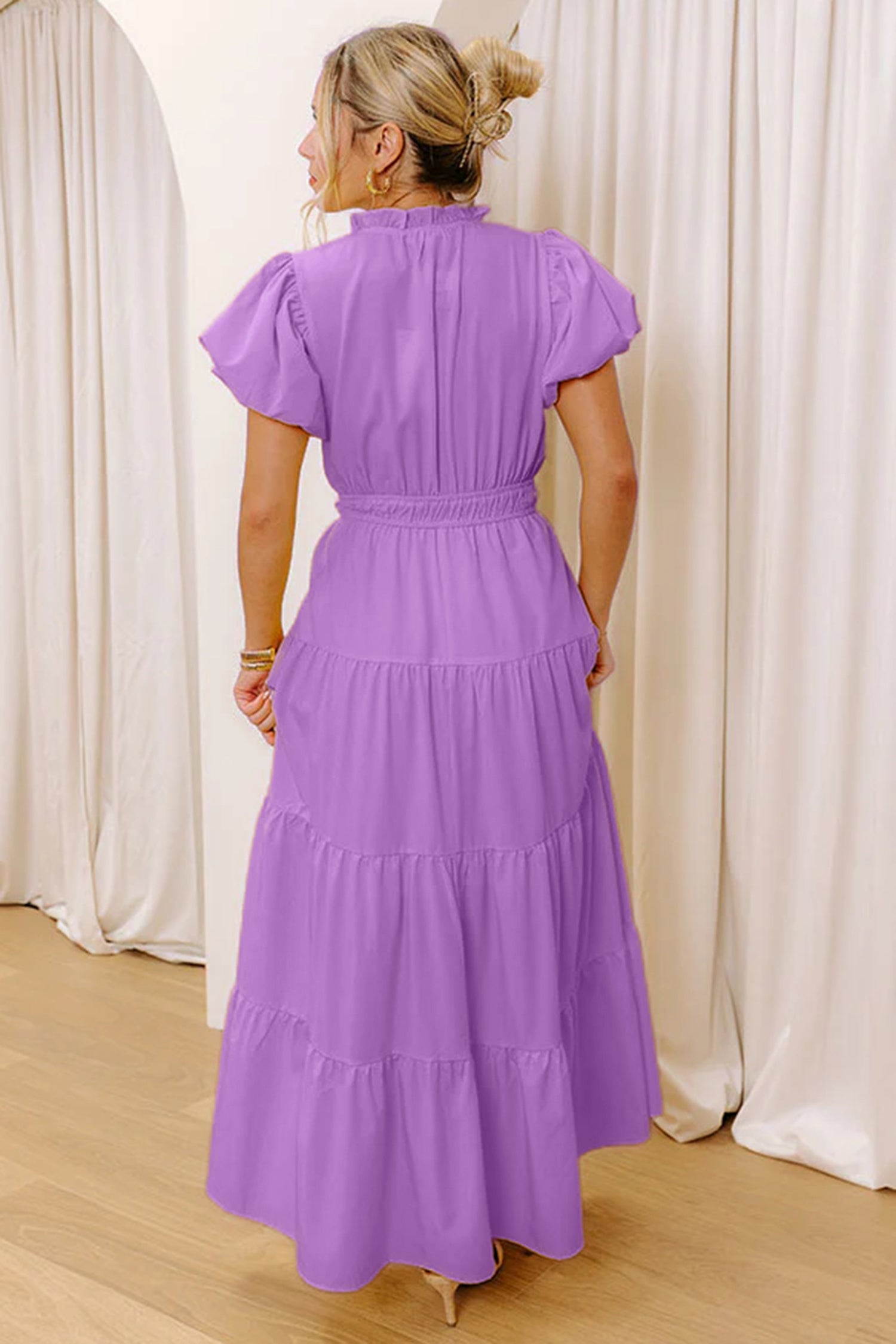 Lavendula Solid Color V Neck Short Puff Sleeve High Waist Tiered Maxi Dress 🇺🇸