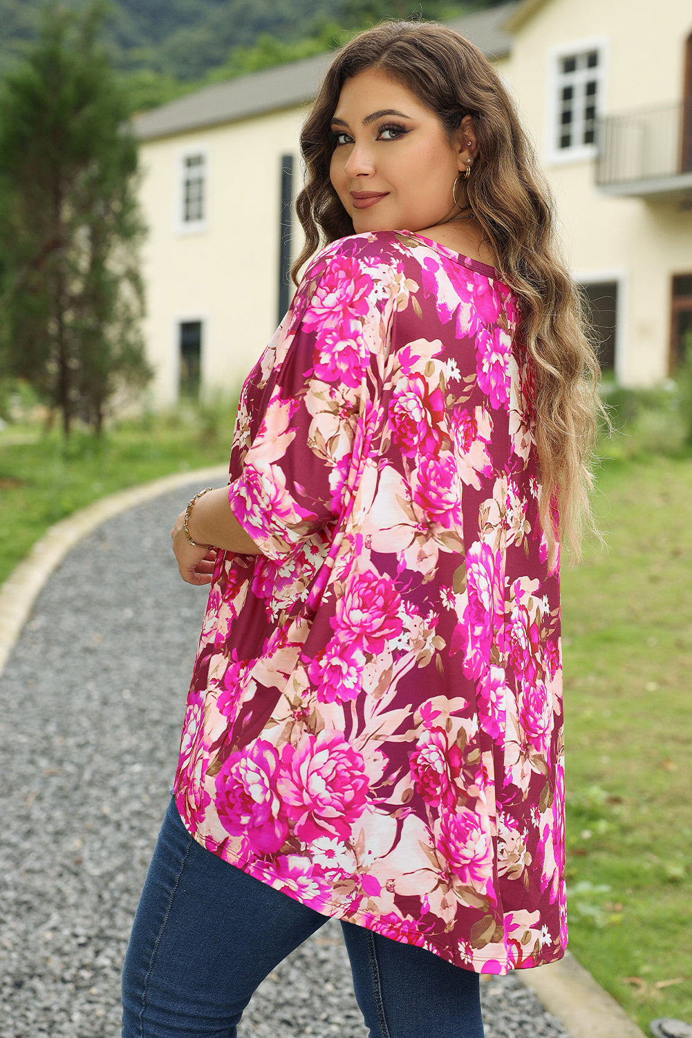 Red Floral Print Short Sleeve Plus Size Blouse 🇺🇸