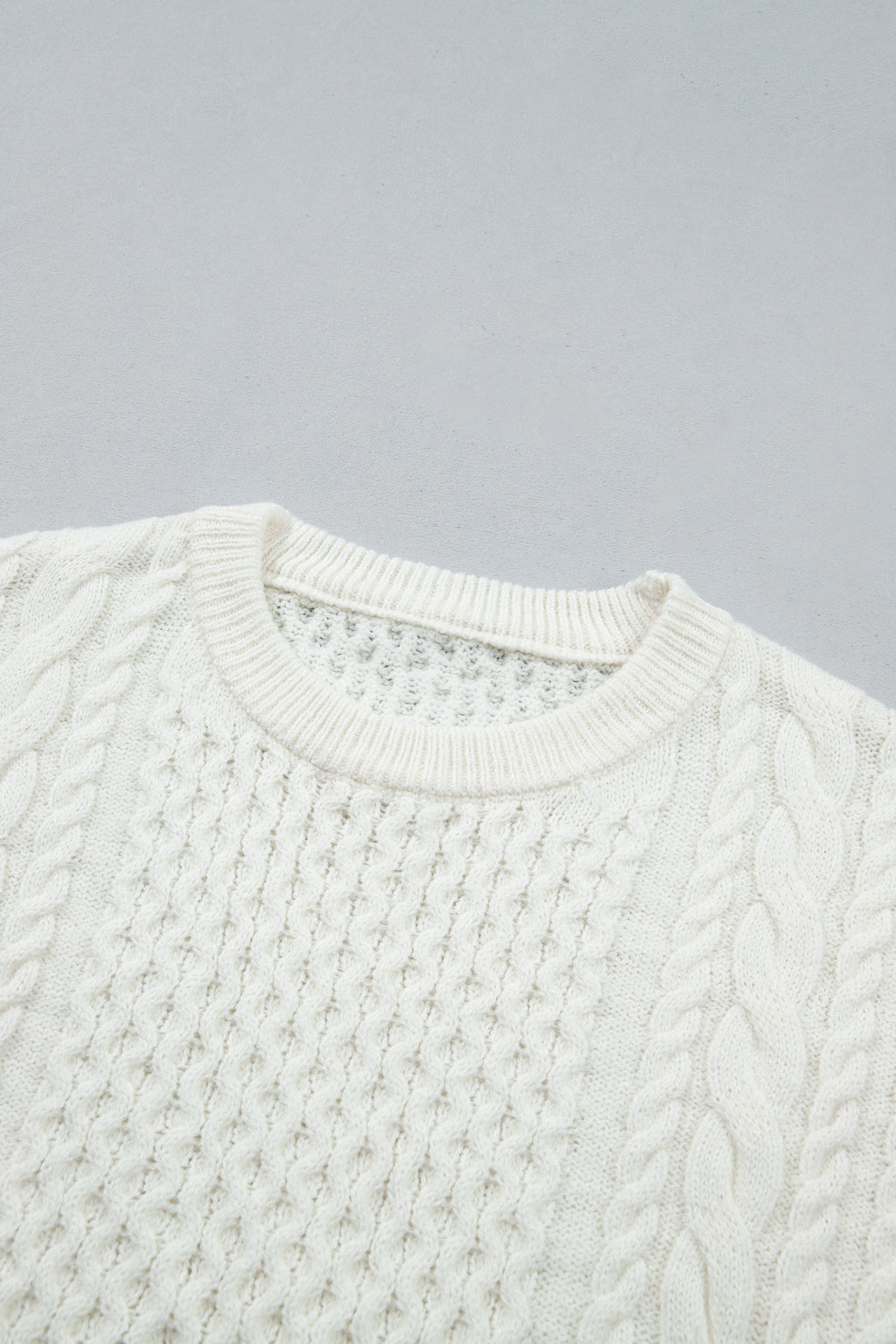 Beige Solid Color Cable Detail Knit Loose Round Neck Sweater 🇺🇸