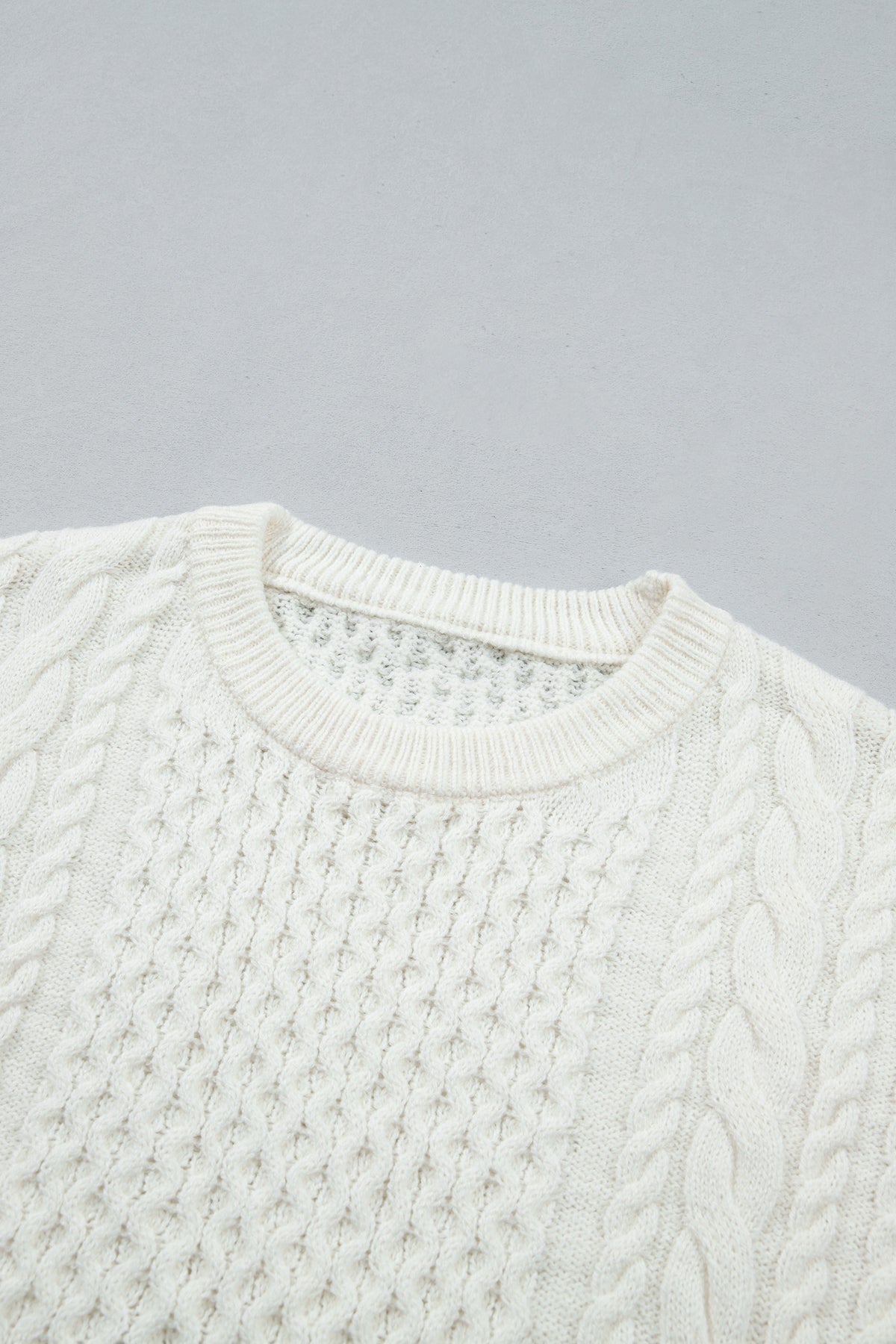 Beige Solid Color Cable Detail Knit Loose Round Neck Sweater 🇺🇸